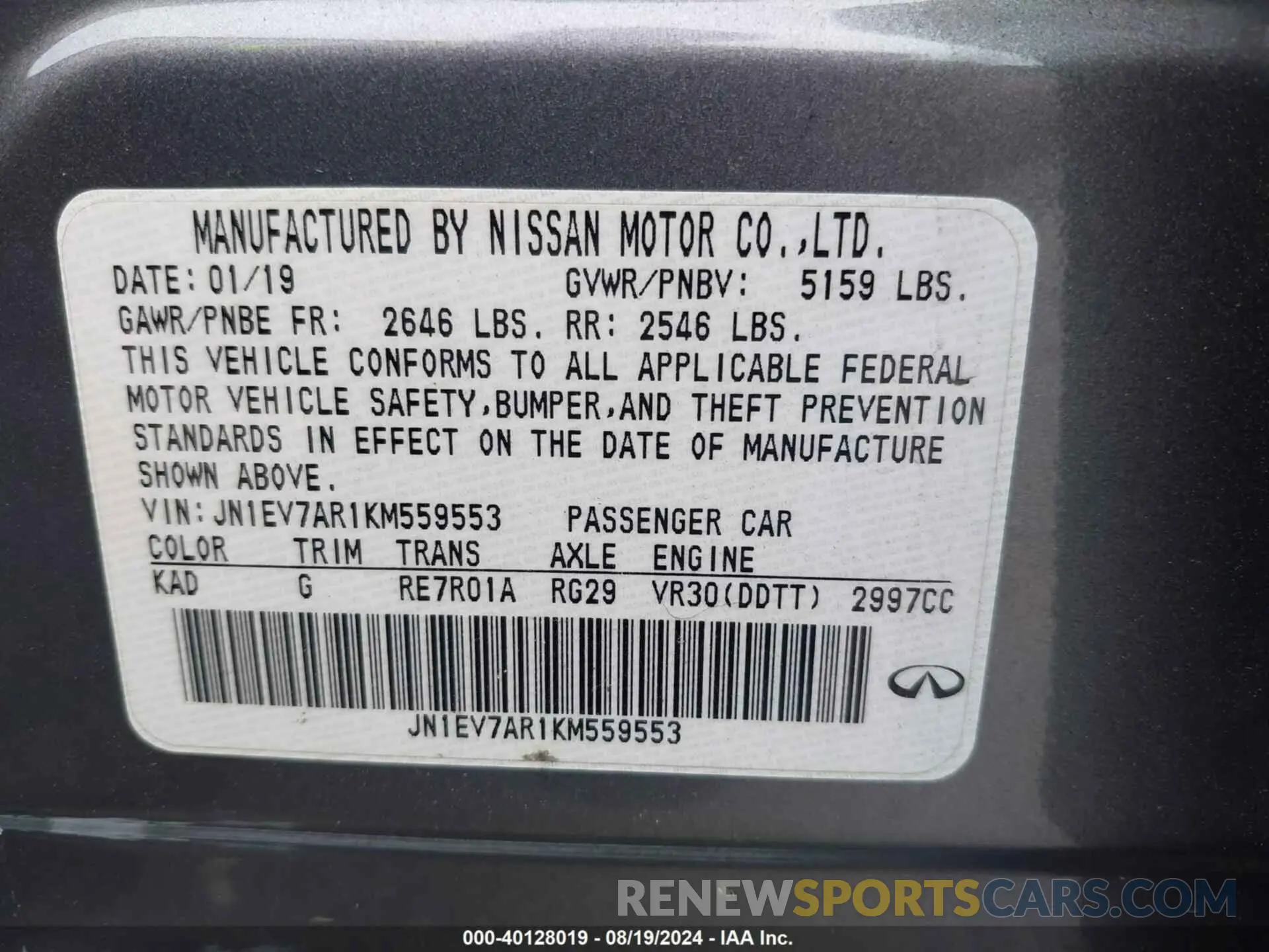 9 Фотография поврежденного автомобиля JN1EV7AR1KM559553 INFINITI Q50 2019