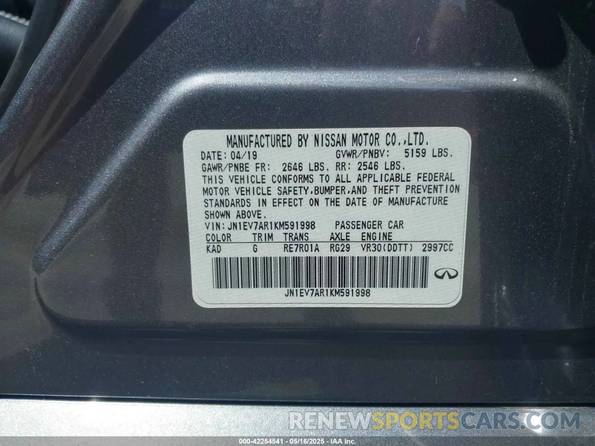 9 Photograph of a damaged car JN1EV7AR1KM591998 INFINITI Q50 2019