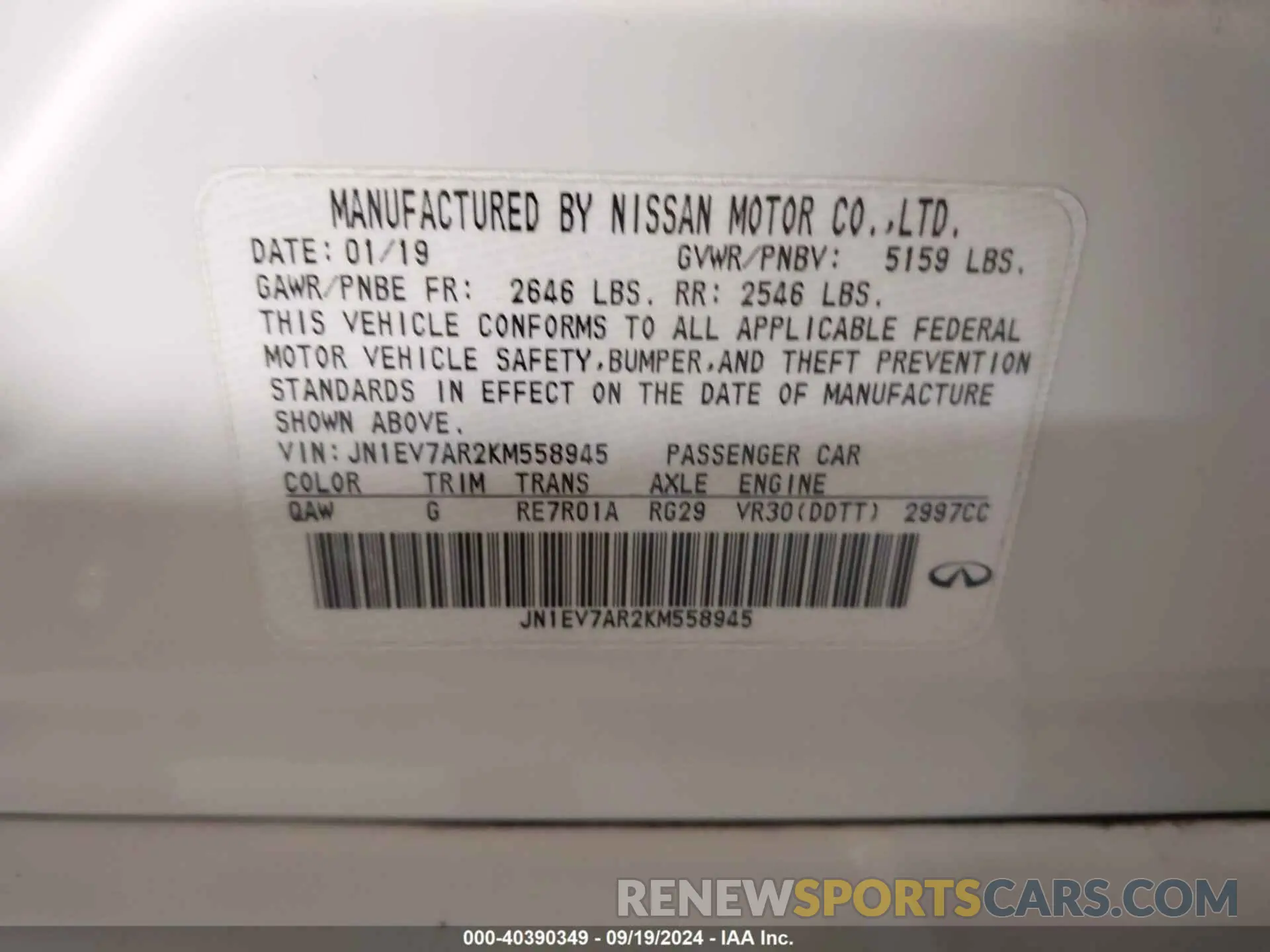 9 Photograph of a damaged car JN1EV7AR2KM558945 INFINITI Q50 2019