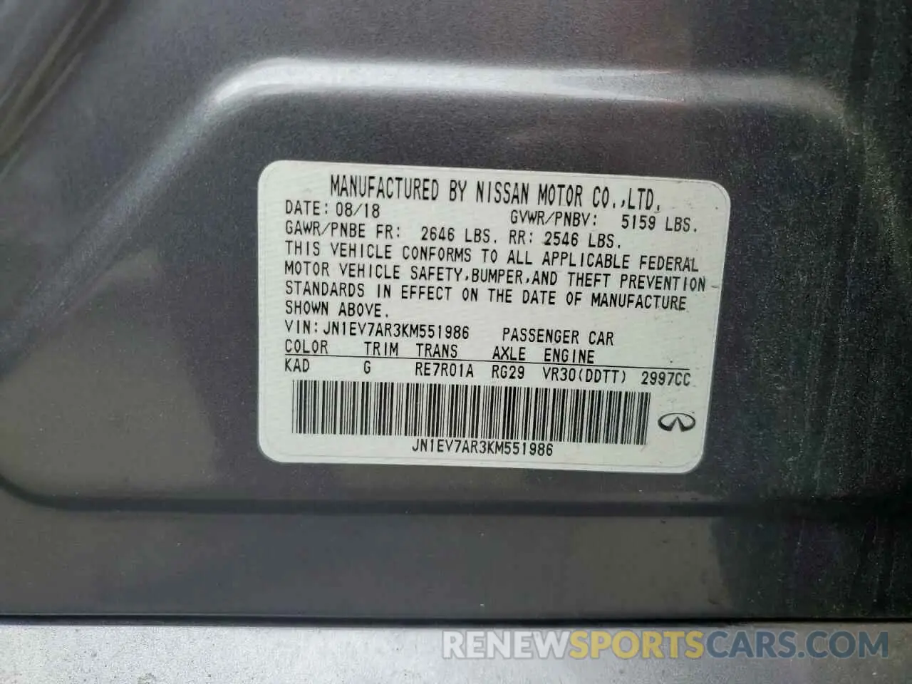13 Photograph of a damaged car JN1EV7AR3KM551986 INFINITI Q50 2019