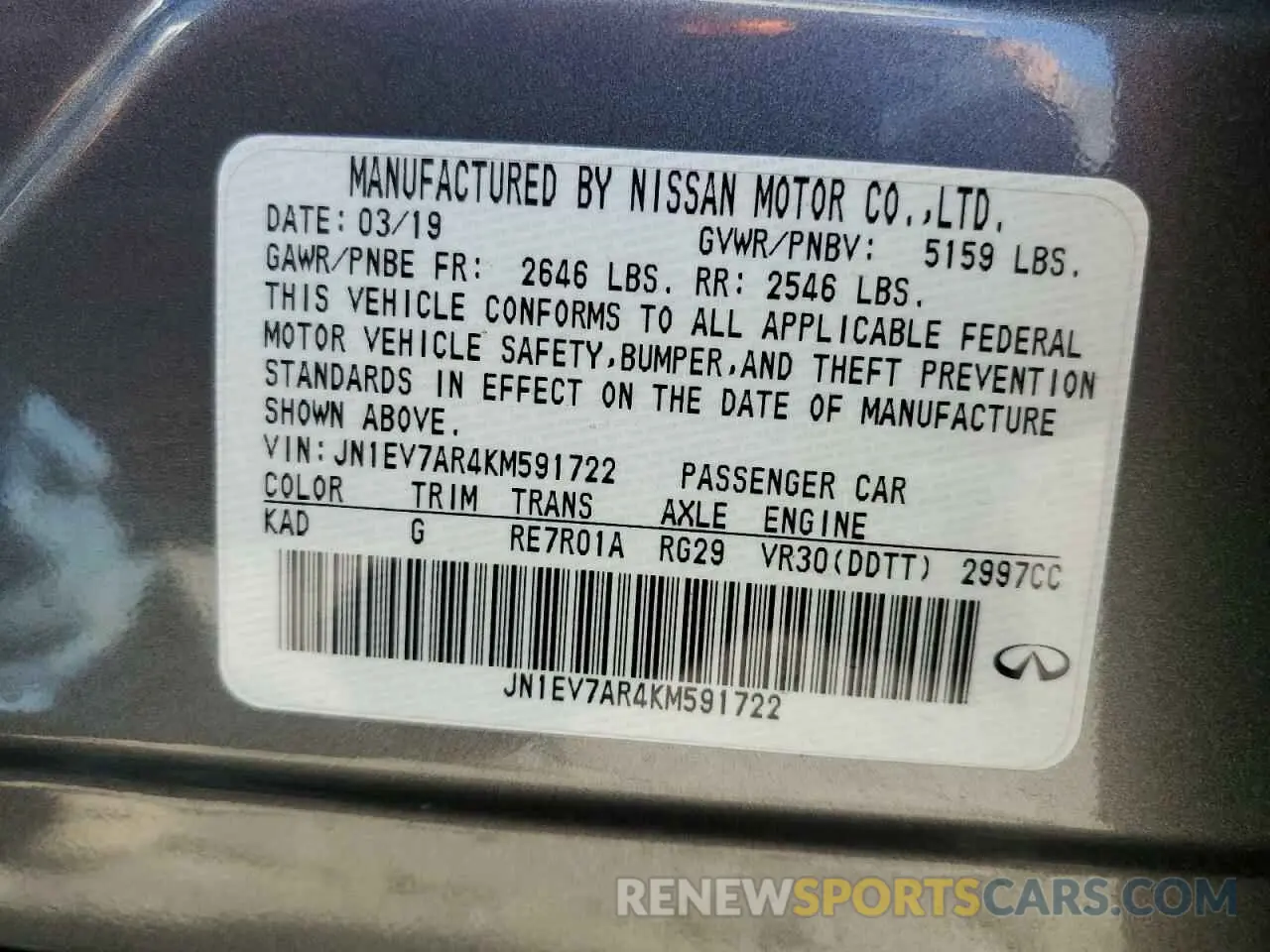 14 Фотография поврежденного автомобиля JN1EV7AR4KM591722 INFINITI Q50 2019