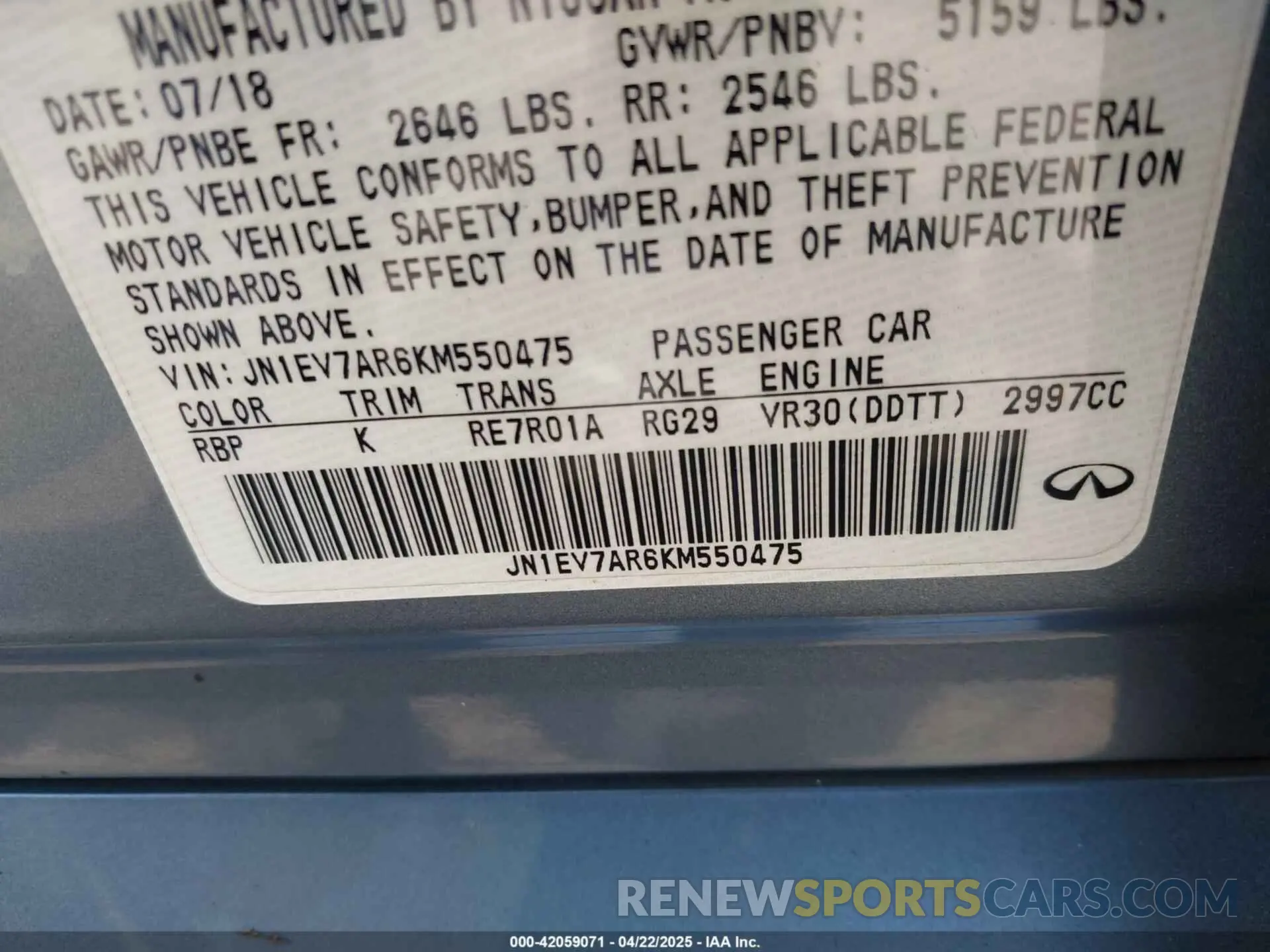 9 Photograph of a damaged car JN1EV7AR6KM550475 INFINITI Q50 2019