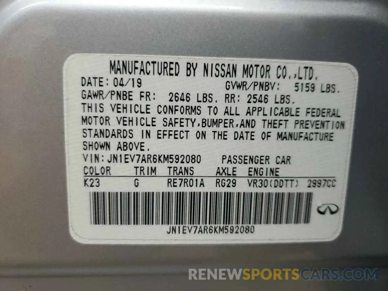 12 Фотография поврежденного автомобиля JN1EV7AR6KM592080 INFINITI Q50 2019