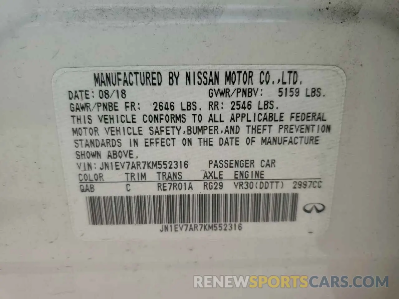 12 Фотография поврежденного автомобиля JN1EV7AR7KM552316 INFINITI Q50 2019