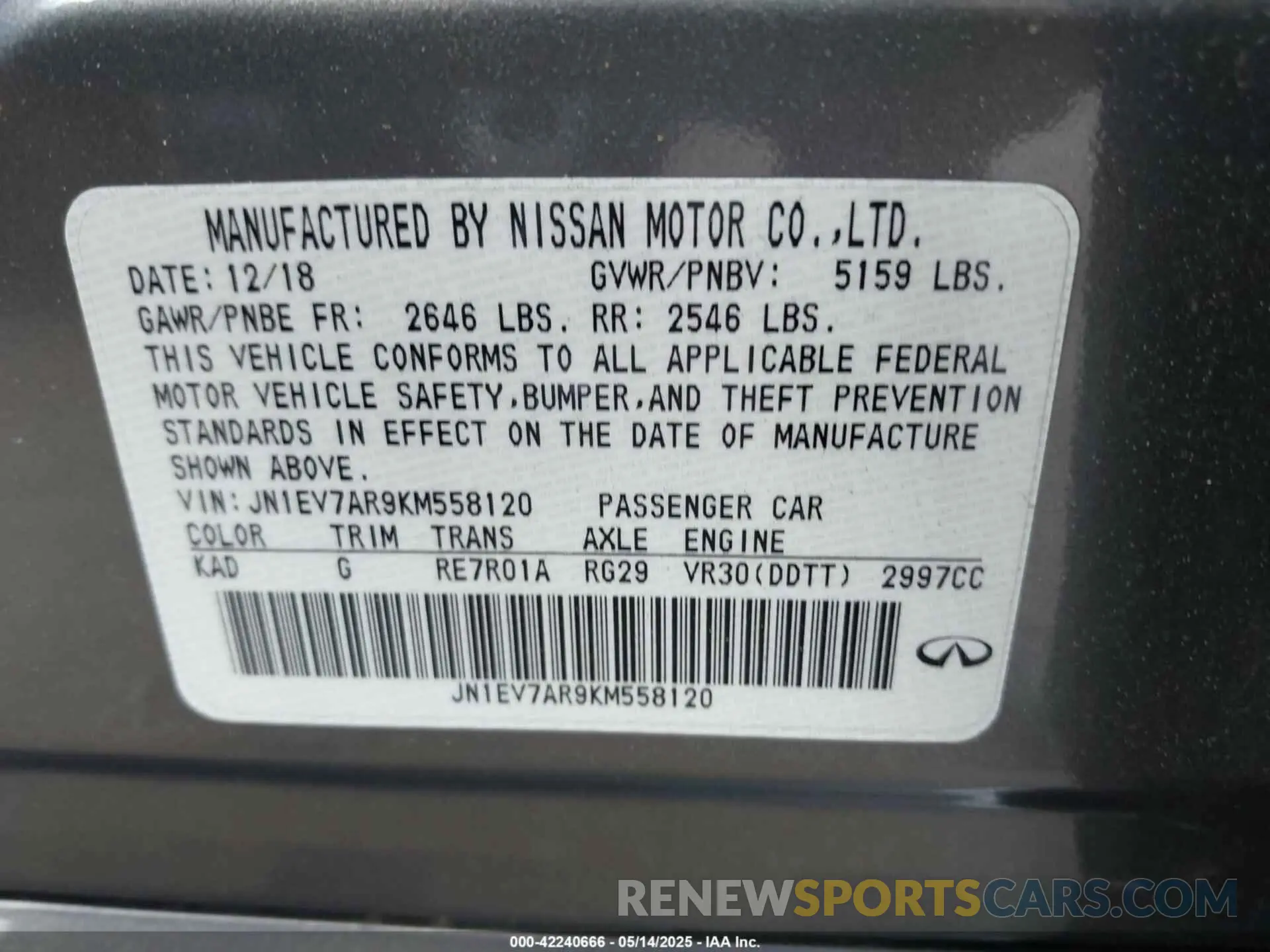 9 Фотография поврежденного автомобиля JN1EV7AR9KM558120 INFINITI Q50 2019