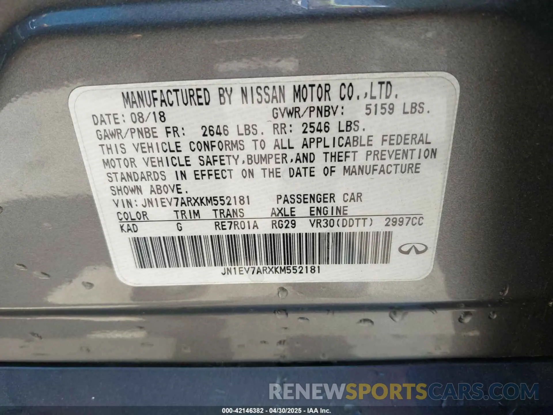 9 Photograph of a damaged car JN1EV7ARXKM552181 INFINITI Q50 2019