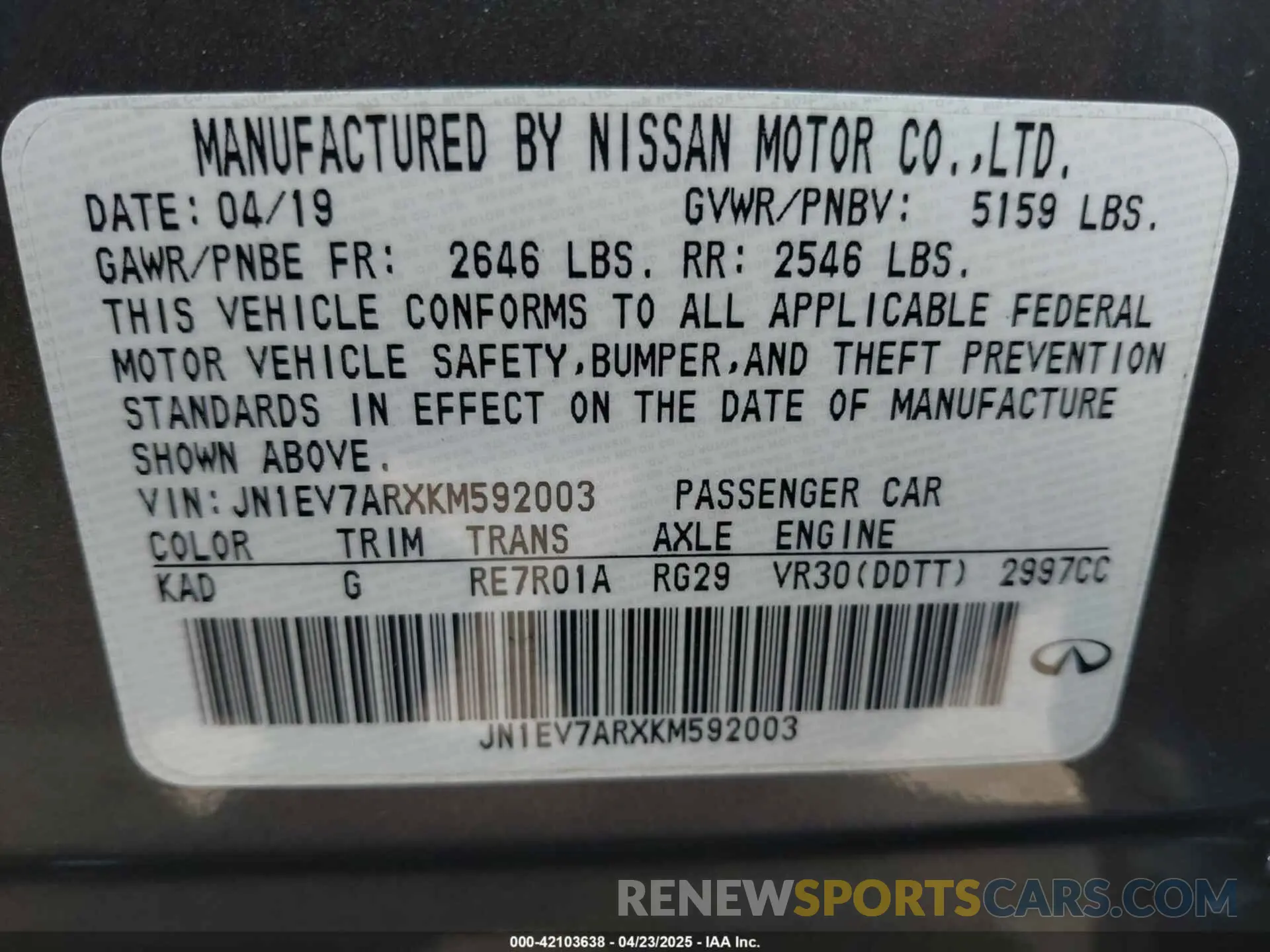9 Photograph of a damaged car JN1EV7ARXKM592003 INFINITI Q50 2019