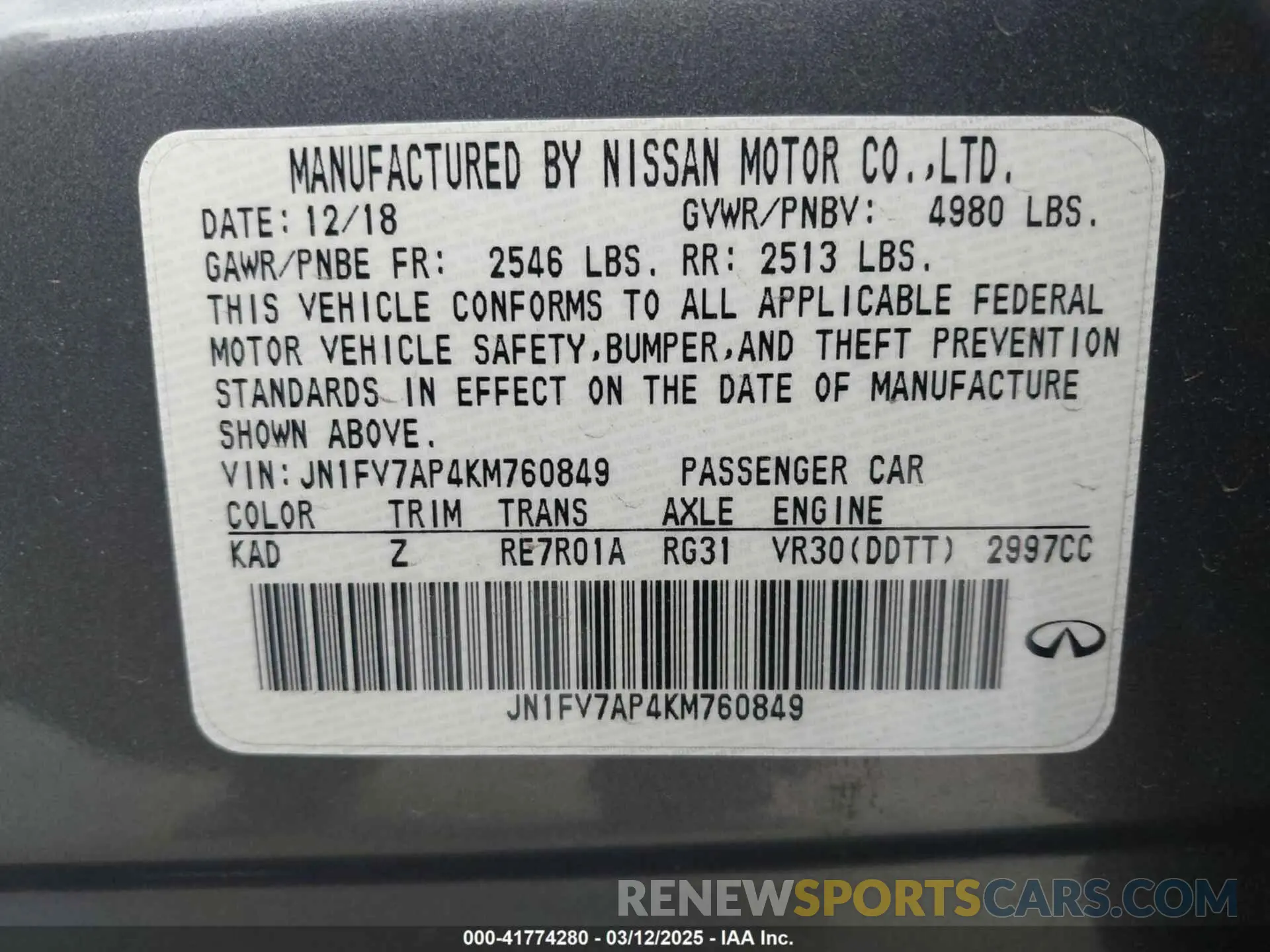 9 Photograph of a damaged car JN1FV7AP4KM760849 INFINITI Q50 2019