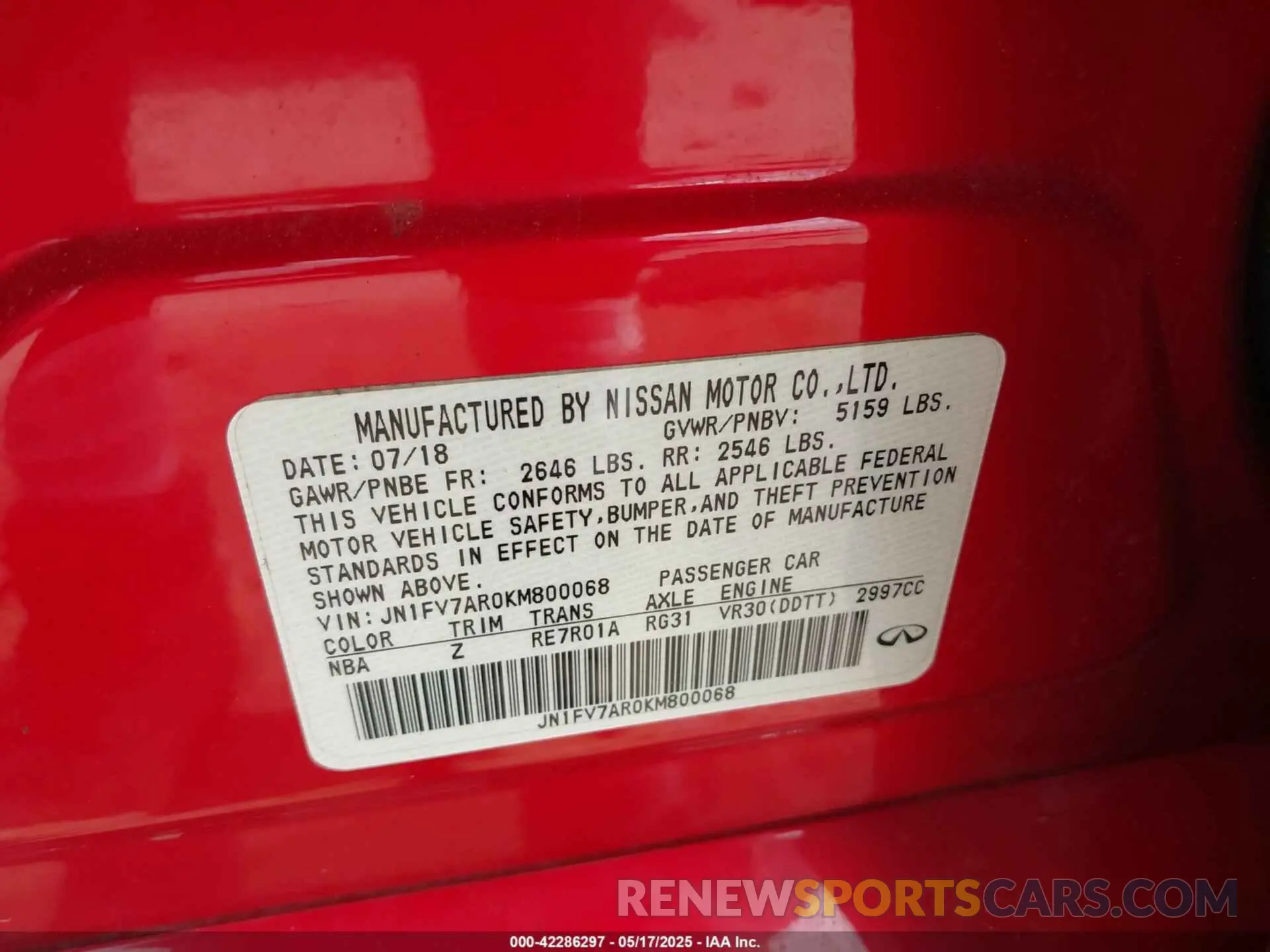 9 Photograph of a damaged car JN1FV7AR0KM800068 INFINITI Q50 2019