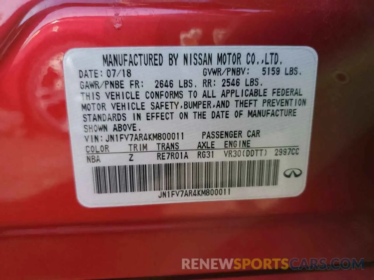 12 Photograph of a damaged car JN1FV7AR4KM800011 INFINITI Q50 2019