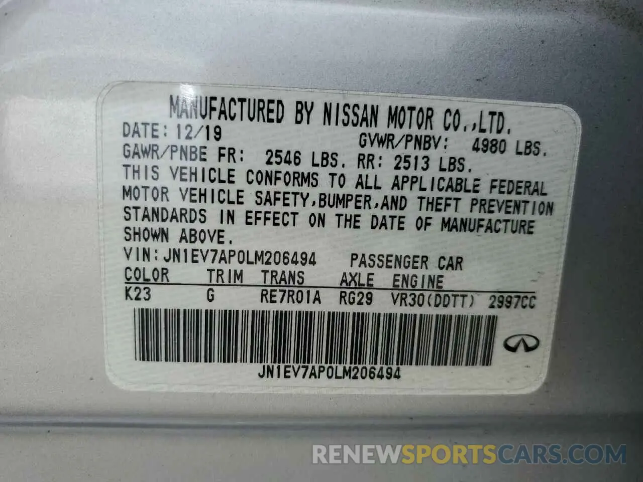 12 Фотография поврежденного автомобиля JN1EV7AP0LM206494 INFINITI Q50 2020