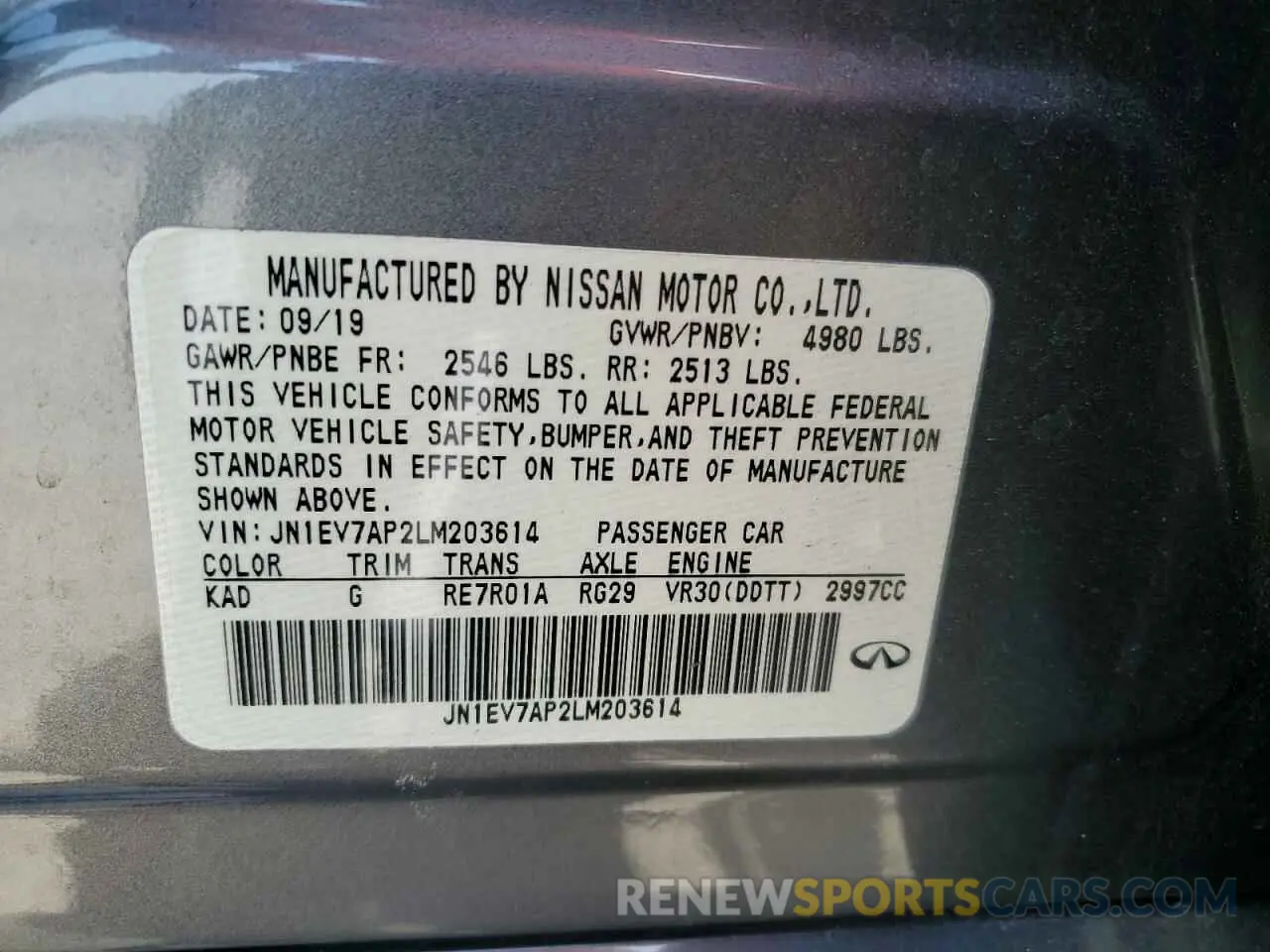 13 Photograph of a damaged car JN1EV7AP2LM203614 INFINITI Q50 2020