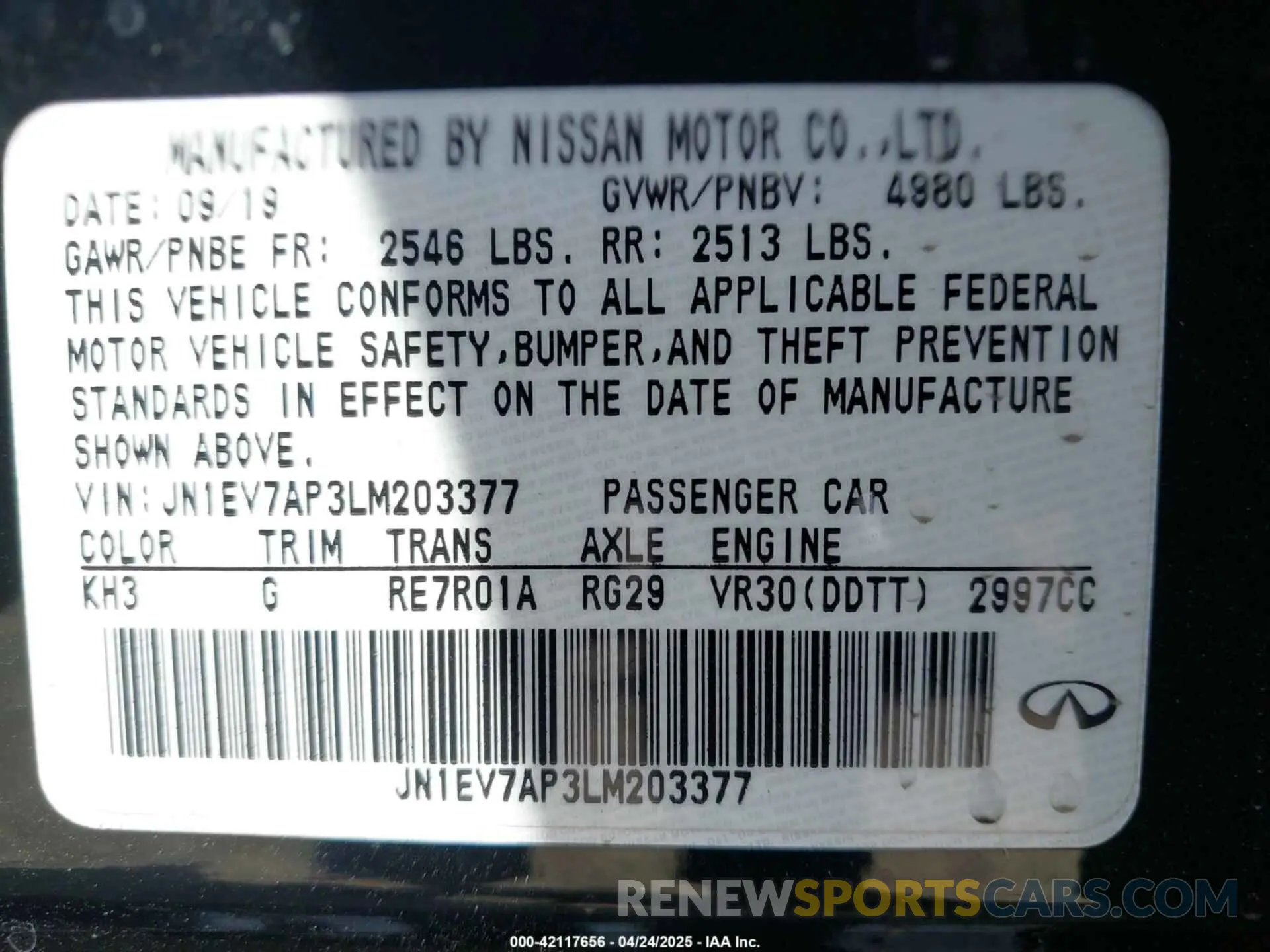 9 Фотография поврежденного автомобиля JN1EV7AP3LM203377 INFINITI Q50 2020