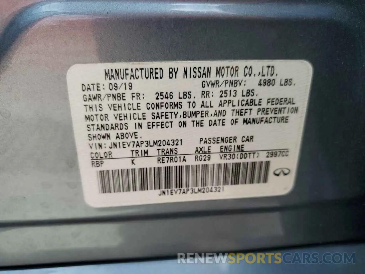 13 Photograph of a damaged car JN1EV7AP3LM204321 INFINITI Q50 2020