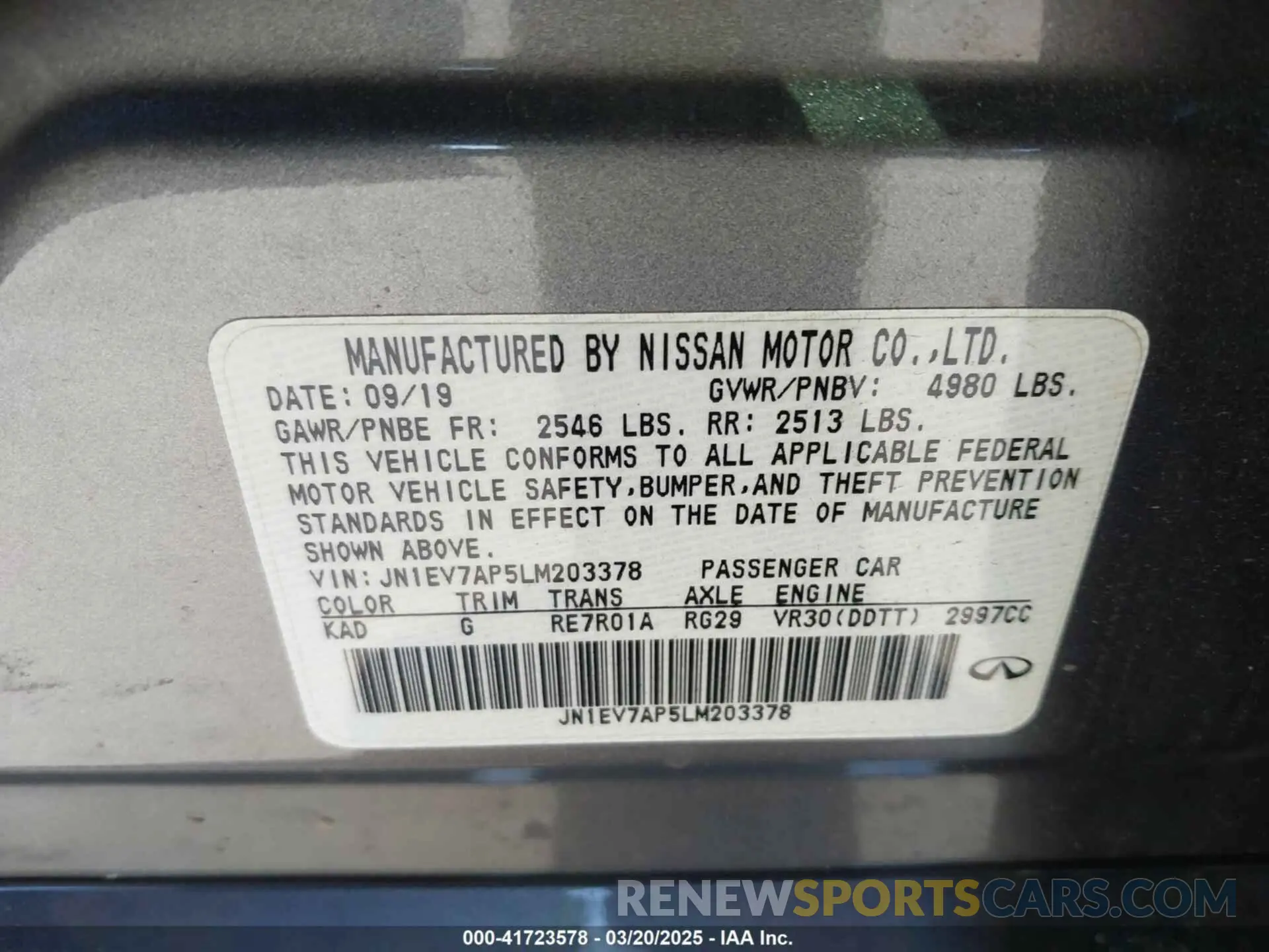 9 Photograph of a damaged car JN1EV7AP5LM203378 INFINITI Q50 2020