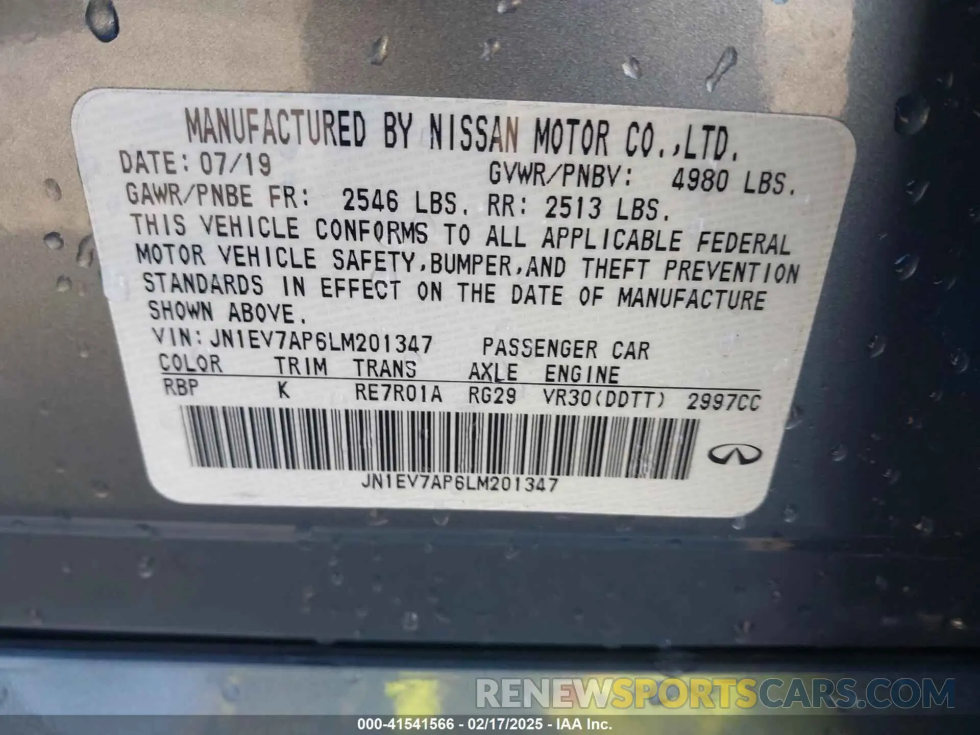 9 Photograph of a damaged car JN1EV7AP6LM201347 INFINITI Q50 2020