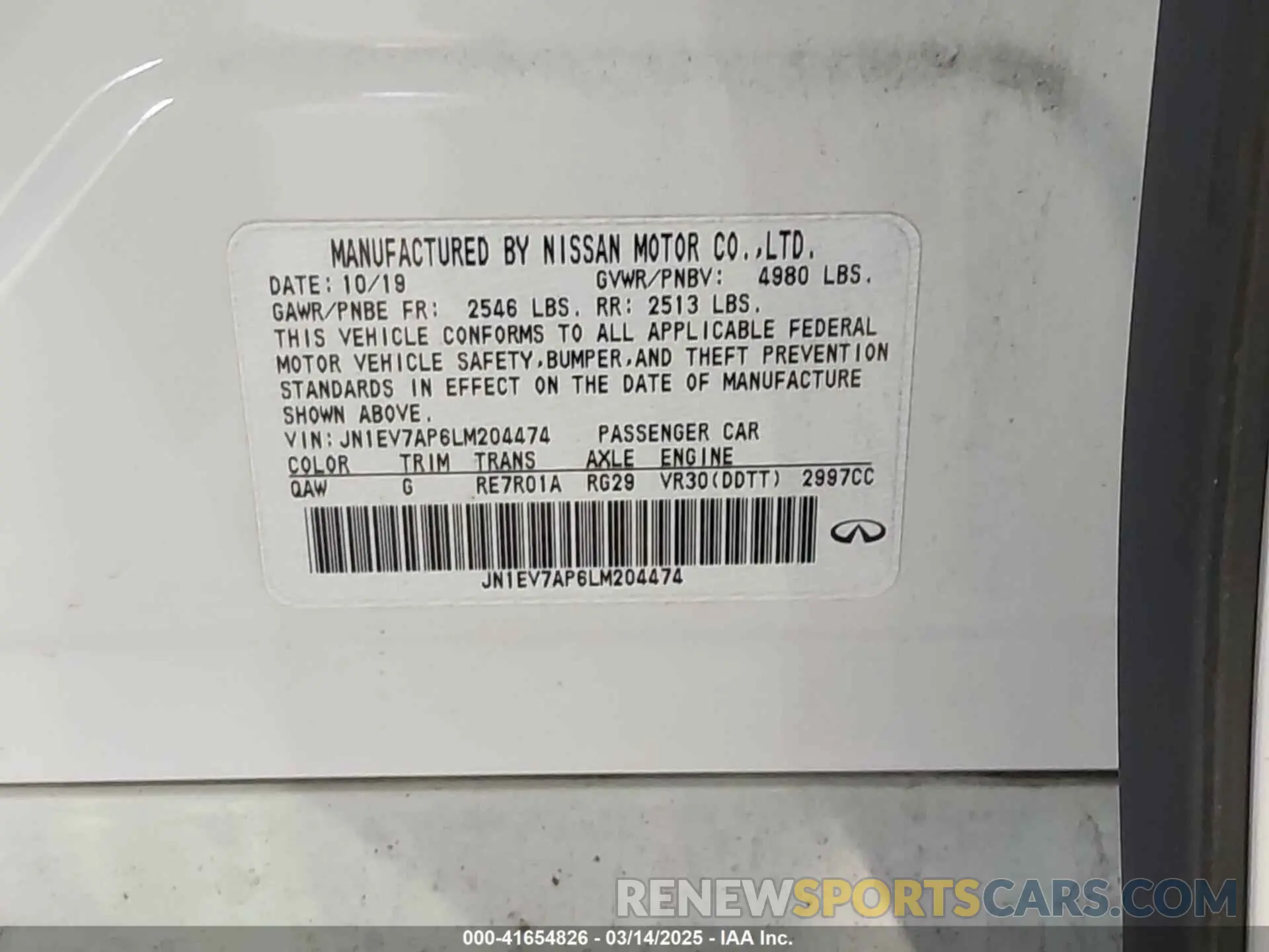 9 Фотография поврежденного автомобиля JN1EV7AP6LM204474 INFINITI Q50 2020