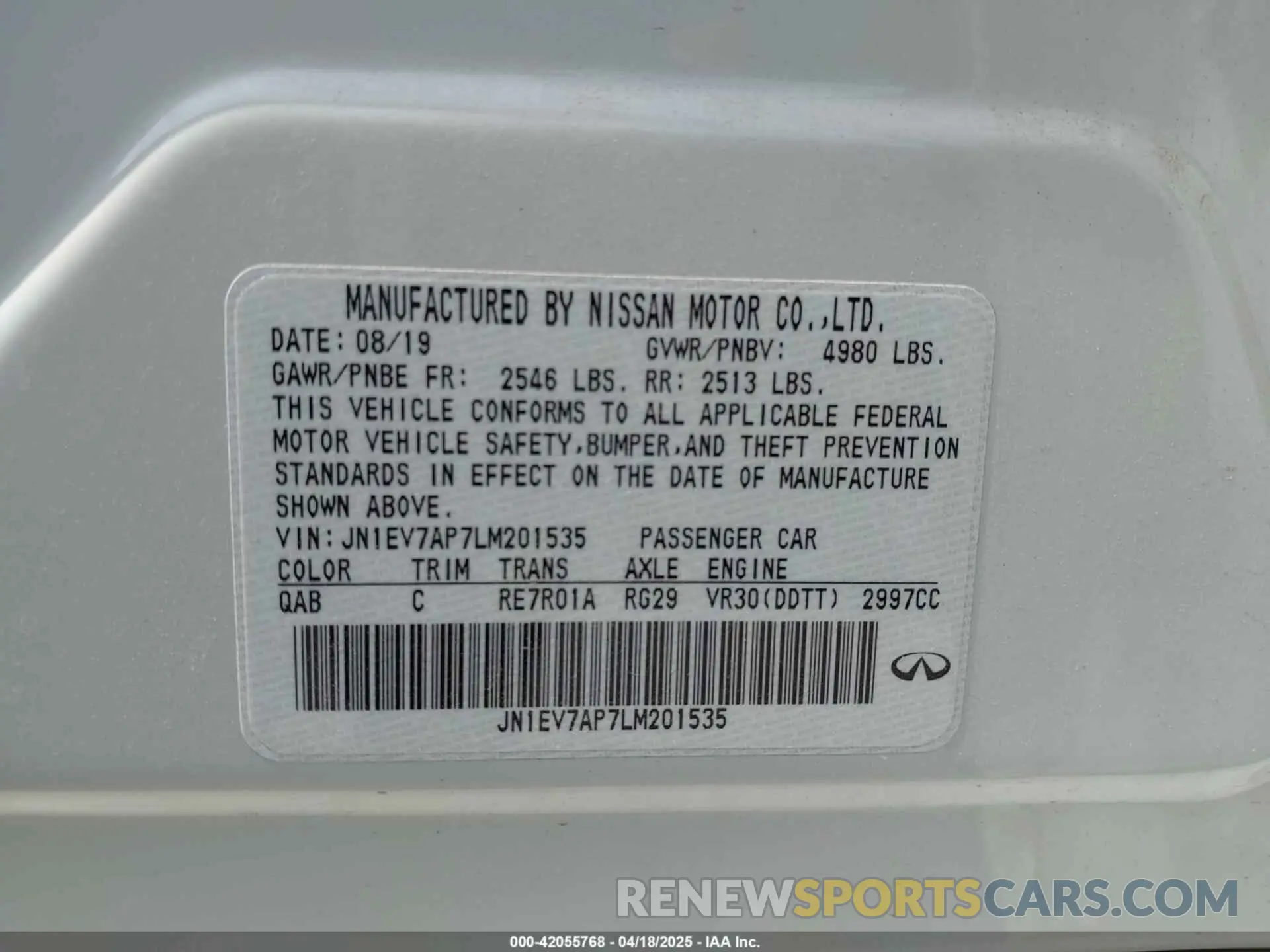 9 Фотография поврежденного автомобиля JN1EV7AP7LM201535 INFINITI Q50 2020