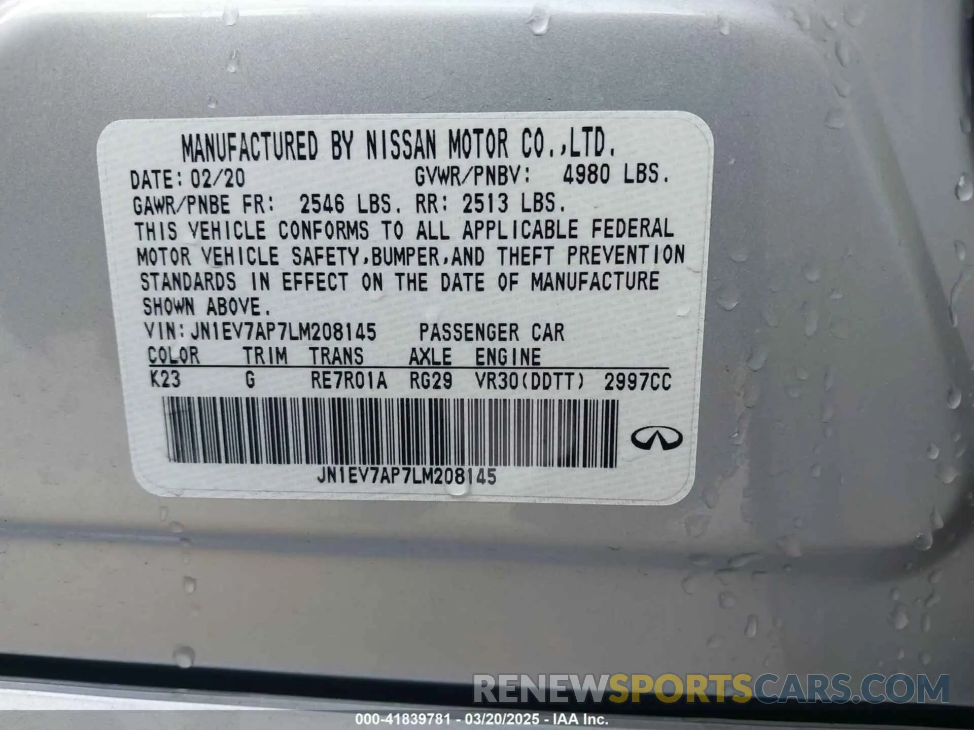 9 Photograph of a damaged car JN1EV7AP7LM208145 INFINITI Q50 2020