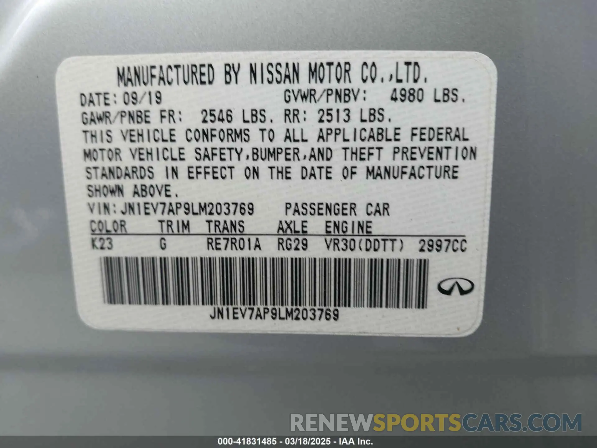 9 Photograph of a damaged car JN1EV7AP9LM203769 INFINITI Q50 2020