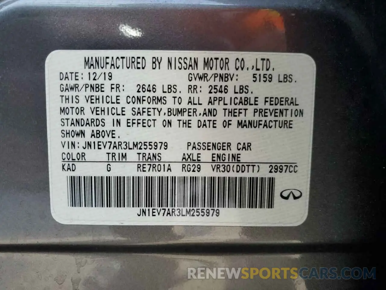 12 Фотография поврежденного автомобиля JN1EV7AR3LM255979 INFINITI Q50 2020