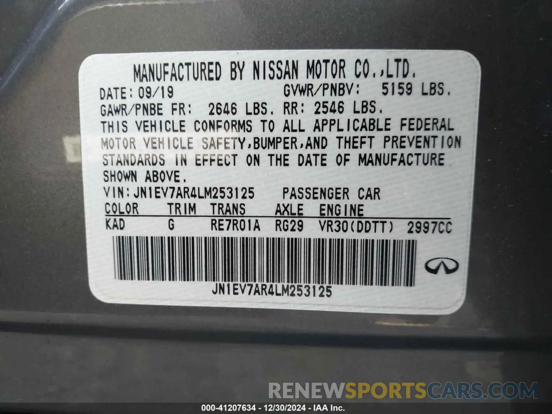 9 Photograph of a damaged car JN1EV7AR4LM253125 INFINITI Q50 2020