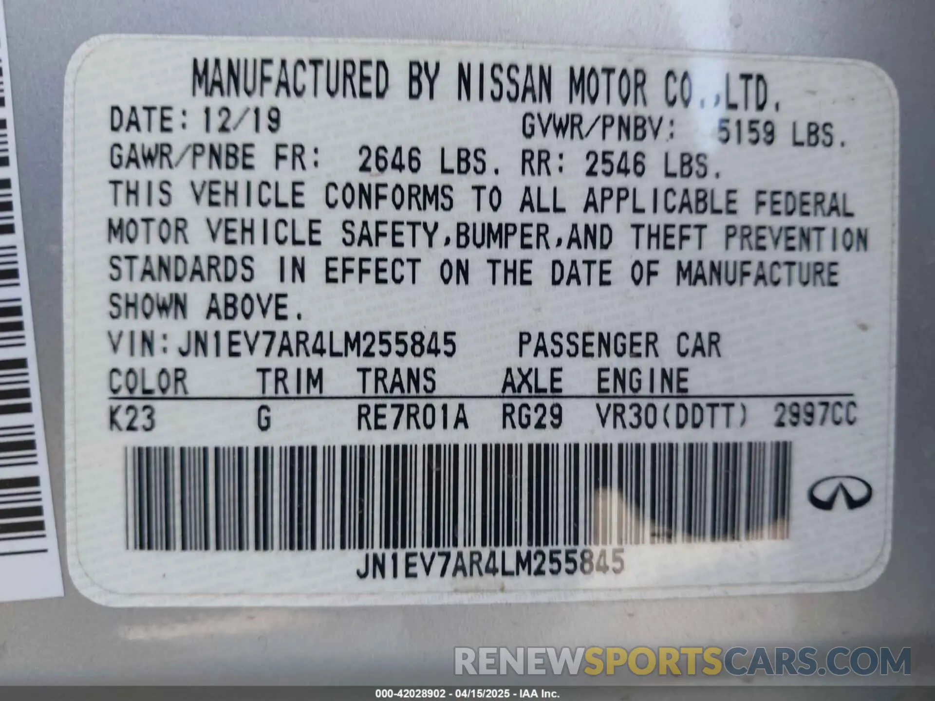 9 Фотография поврежденного автомобиля JN1EV7AR4LM255845 INFINITI Q50 2020