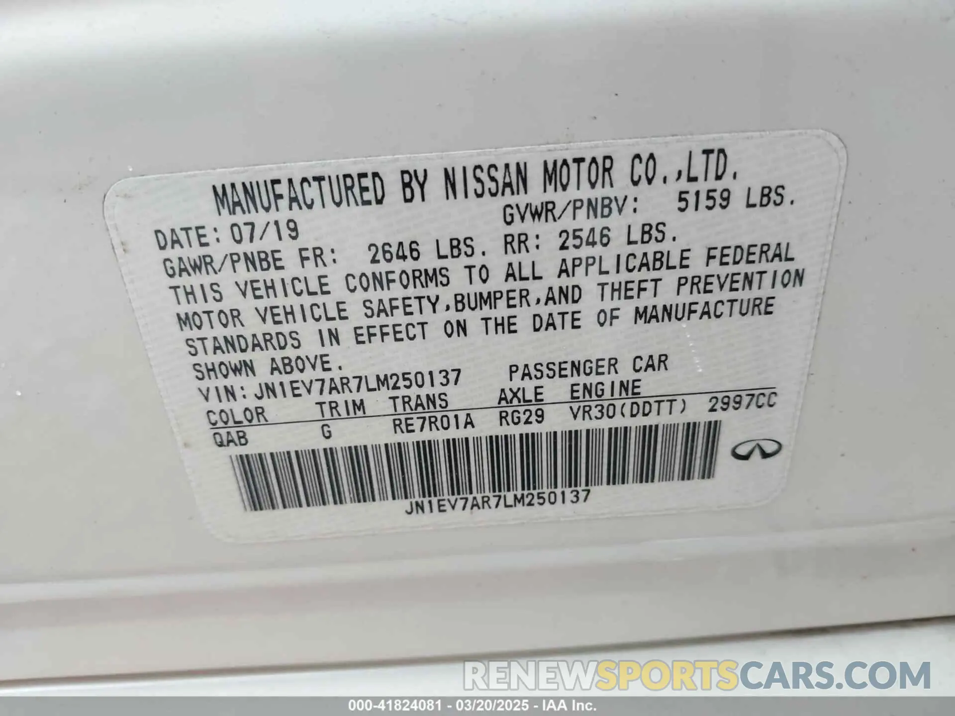 9 Photograph of a damaged car JN1EV7AR7LM250137 INFINITI Q50 2020