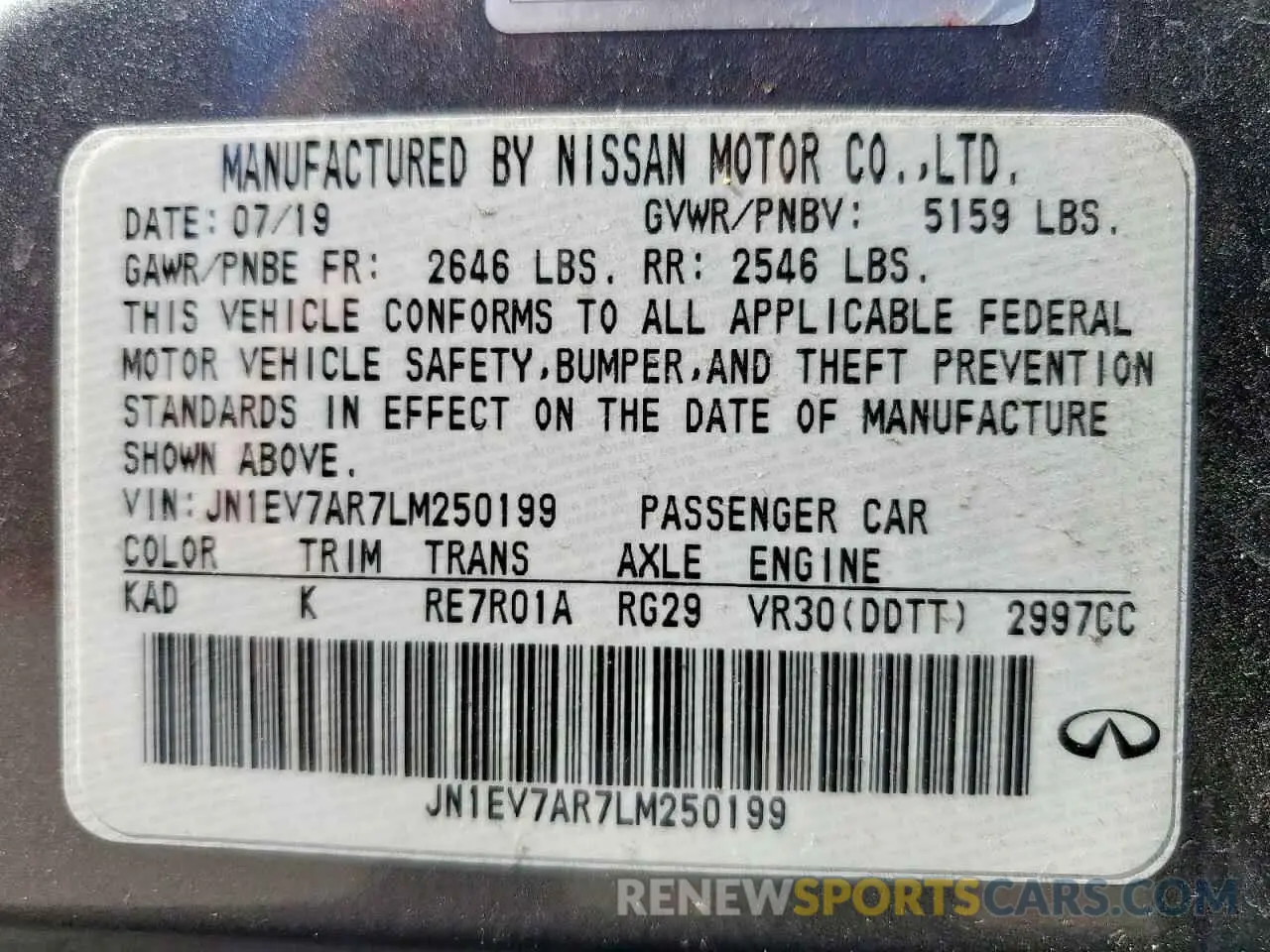 12 Фотография поврежденного автомобиля JN1EV7AR7LM250199 INFINITI Q50 2020