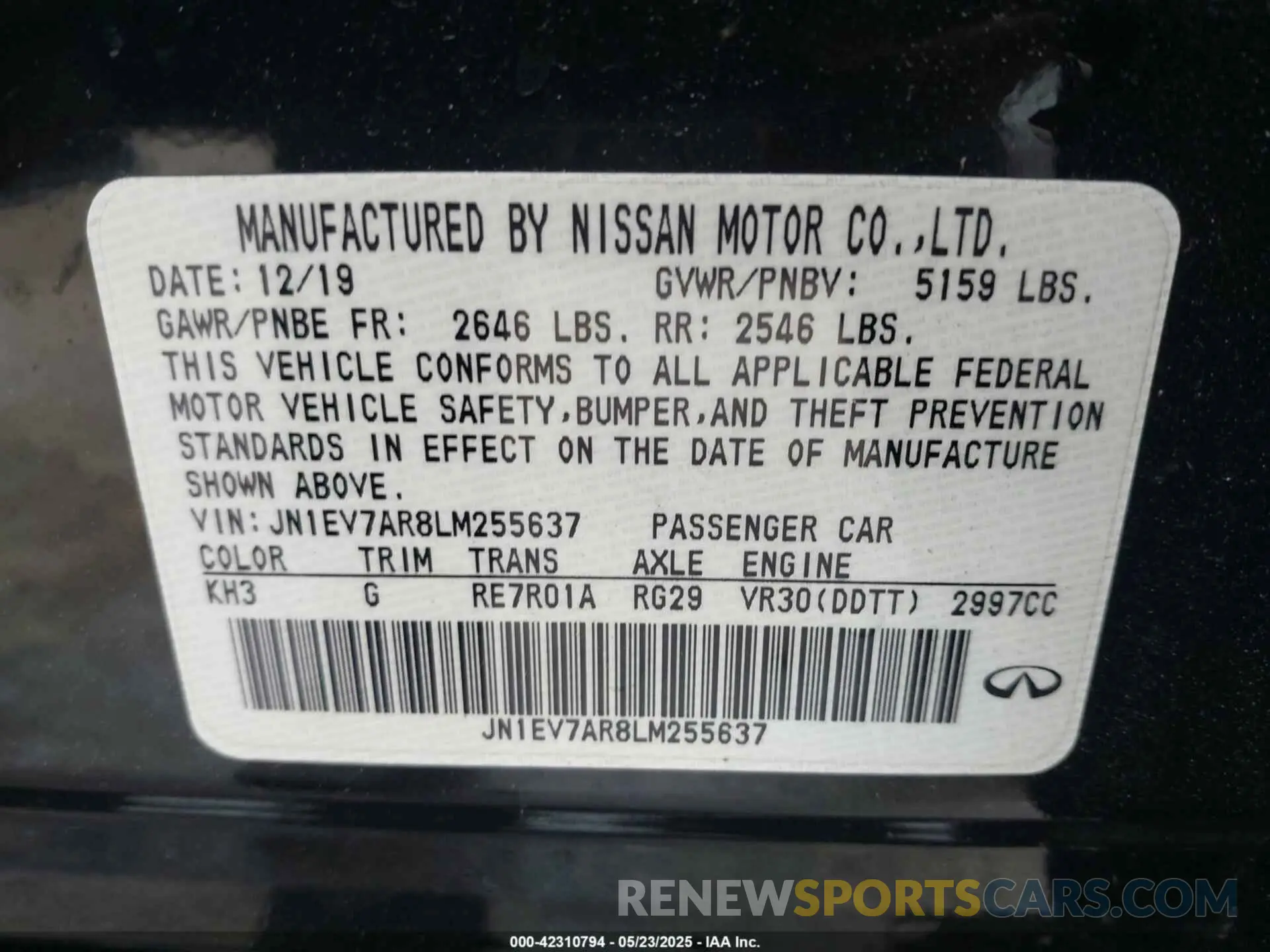 9 Фотография поврежденного автомобиля JN1EV7AR8LM255637 INFINITI Q50 2020