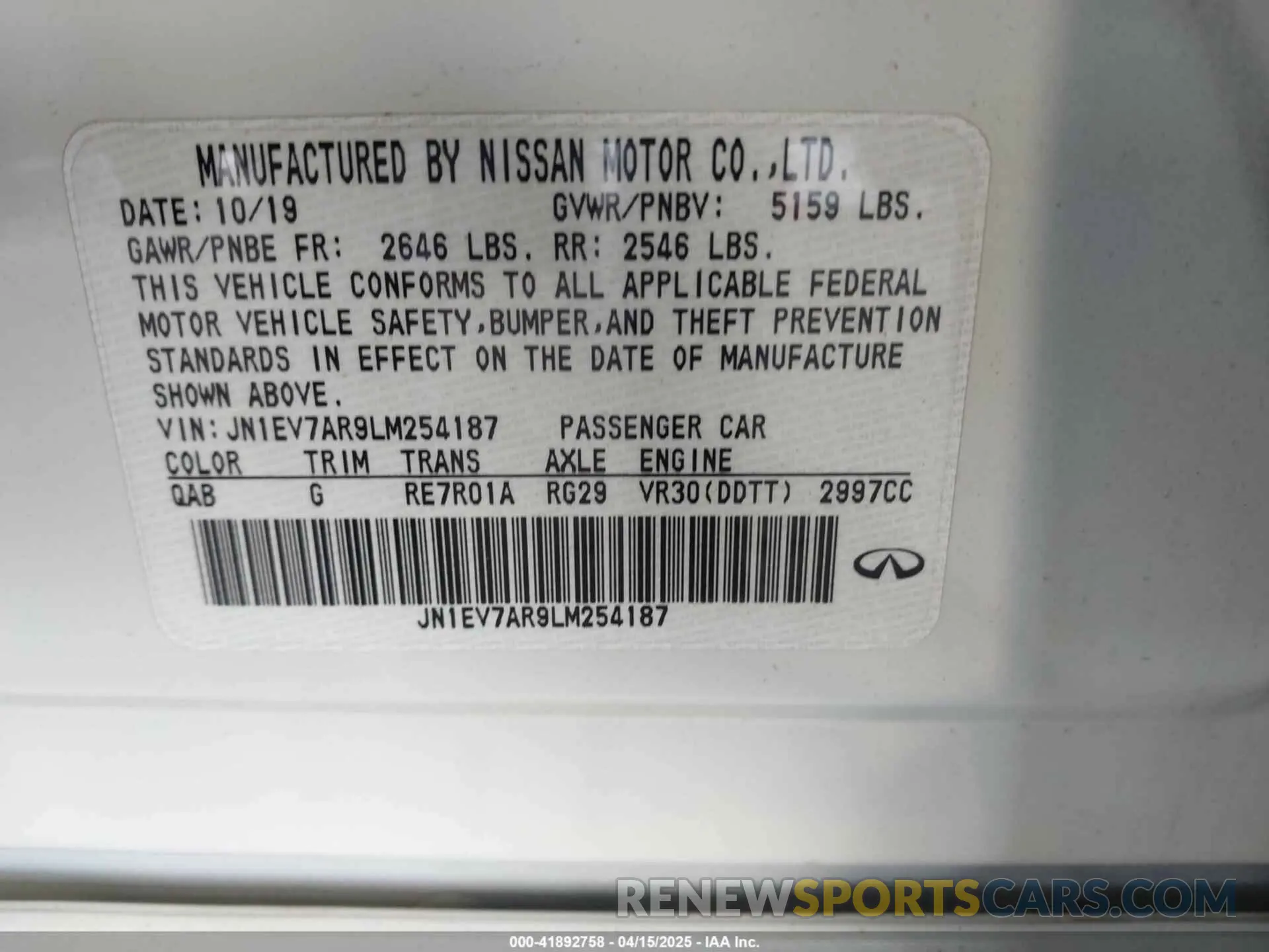 9 Фотография поврежденного автомобиля JN1EV7AR9LM254187 INFINITI Q50 2020