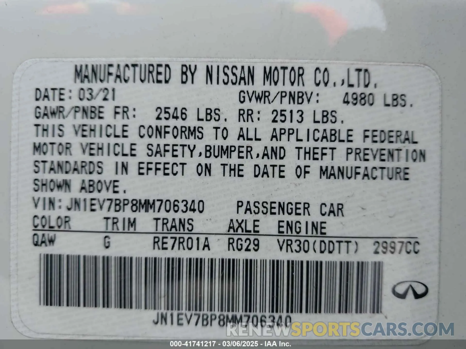 9 Photograph of a damaged car JN1EV7BP8MM706340 INFINITI Q50 2021