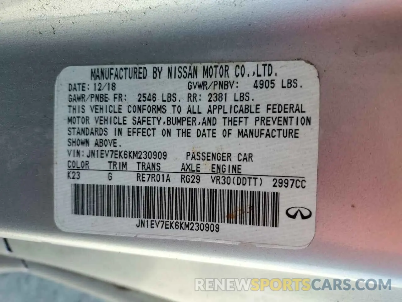 13 Photograph of a damaged car JN1EV7EK6KM230909 INFINITI Q60 2019