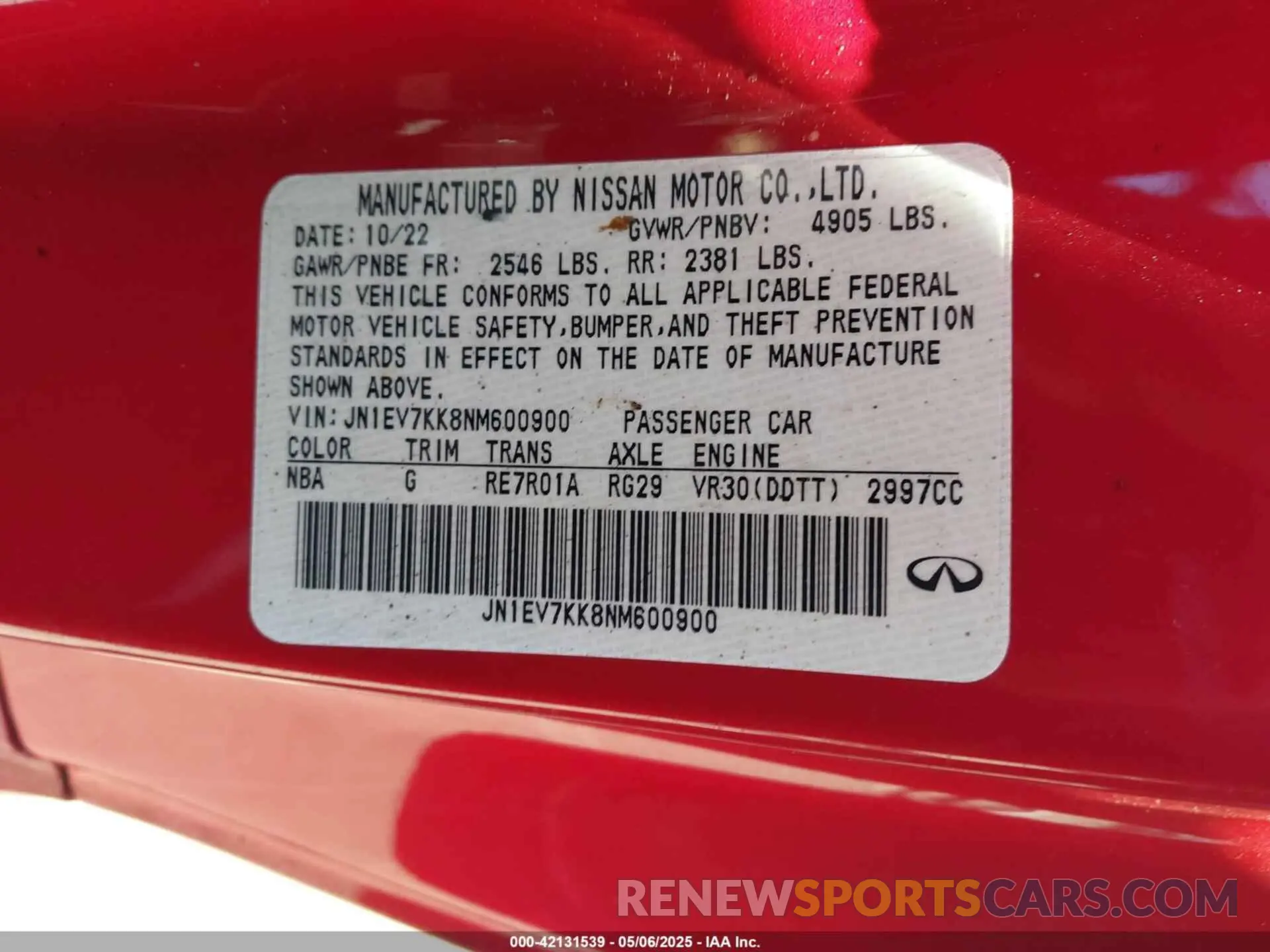 9 Photograph of a damaged car JN1EV7KK8NM600900 INFINITI Q60 2022