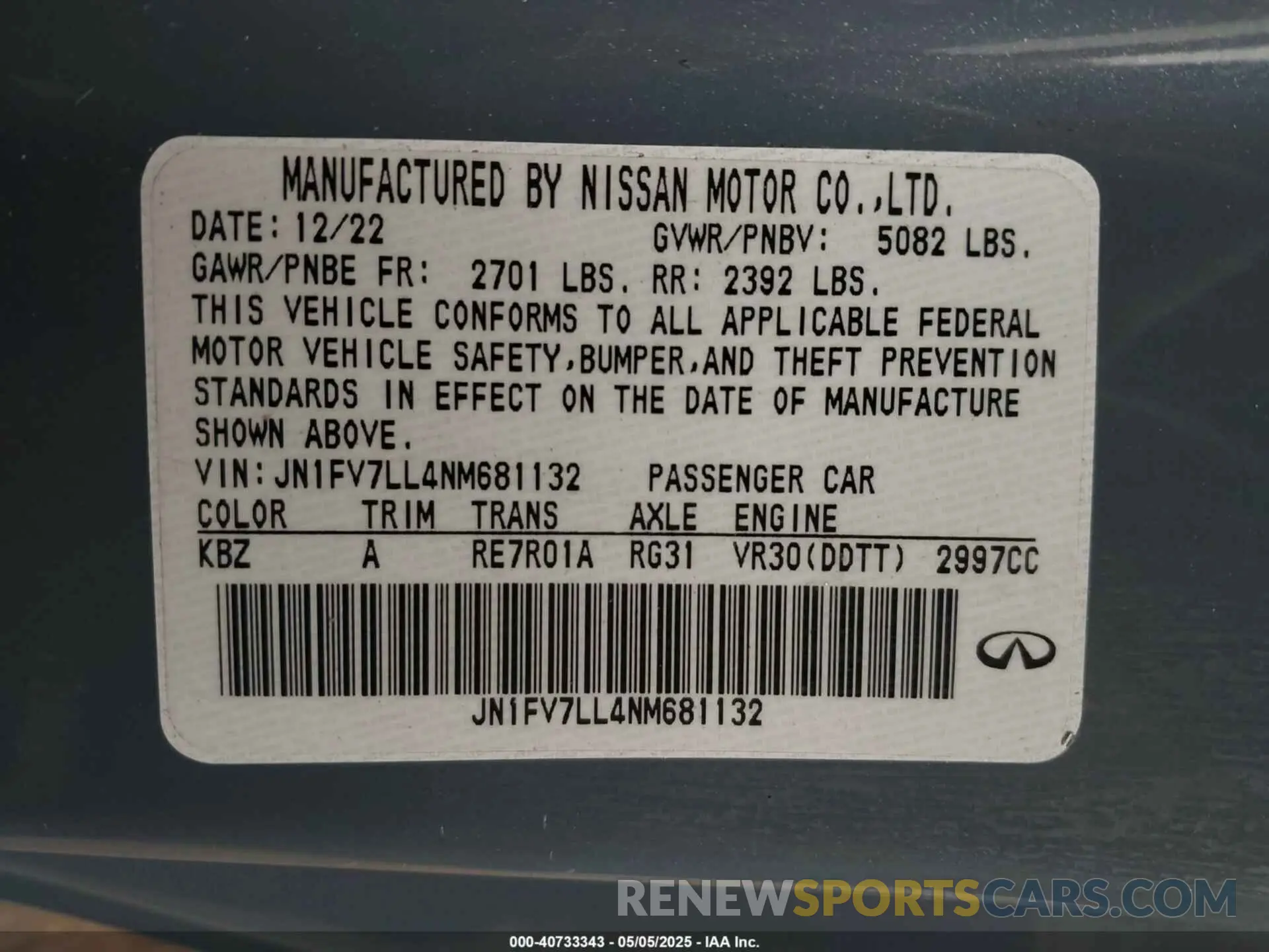 9 Фотография поврежденного автомобиля JN1FV7LL4NM681132 INFINITI Q60 2022