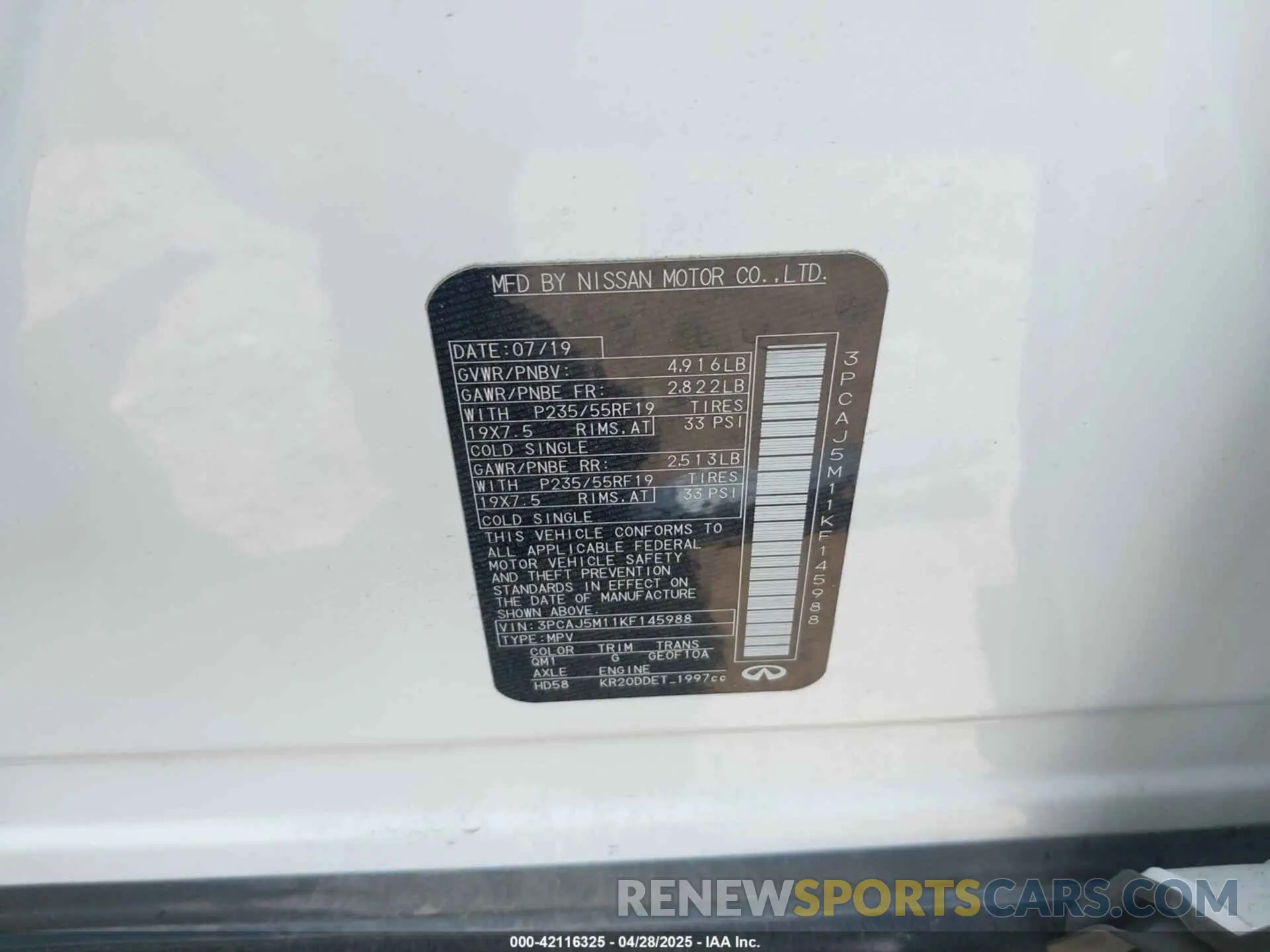 9 Фотография поврежденного автомобиля 3PCAJ5M11KF145988 INFINITI QX50 2019
