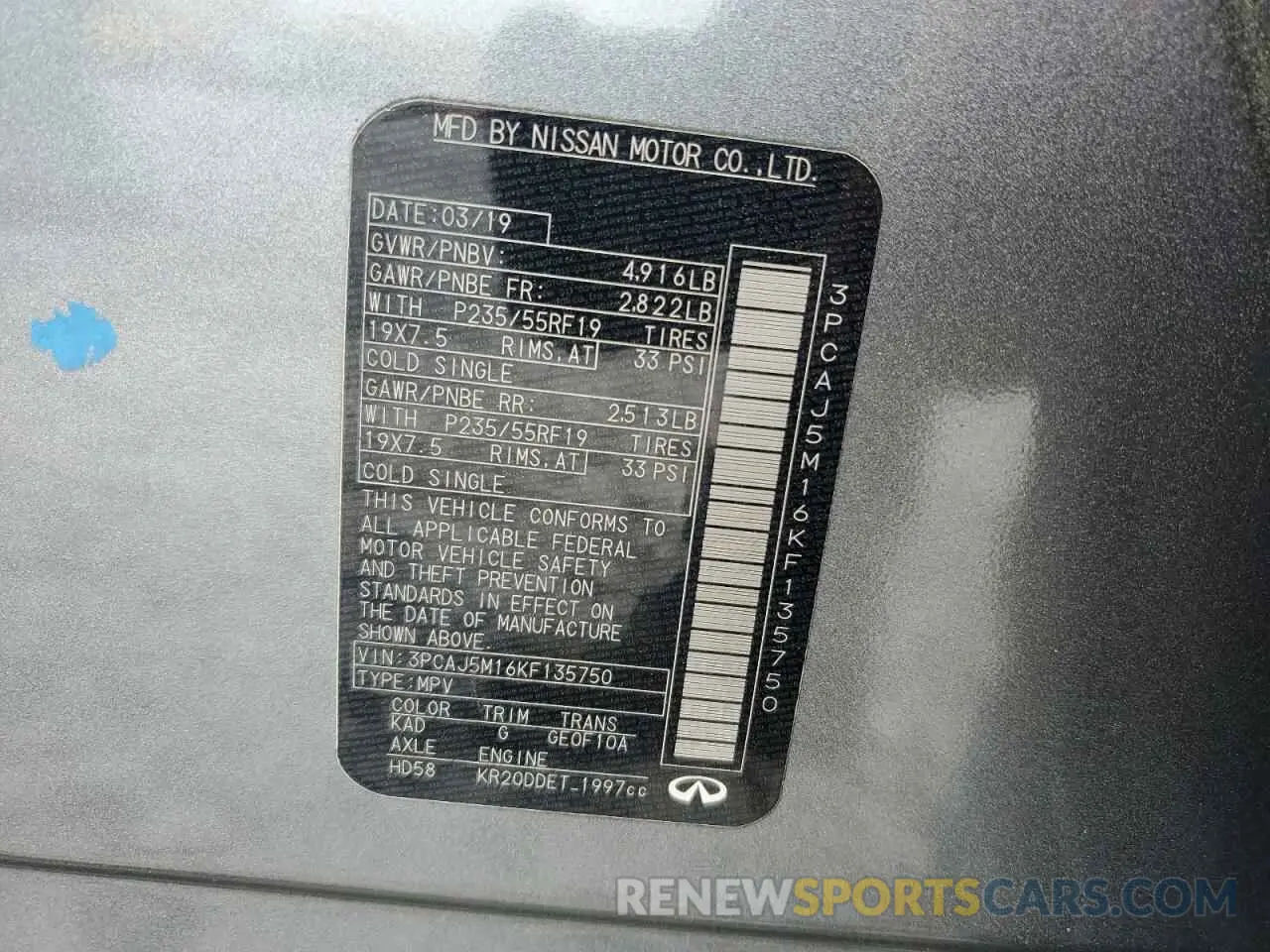 15 Photograph of a damaged car 3PCAJ5M16KF135750 INFINITI QX50 2019