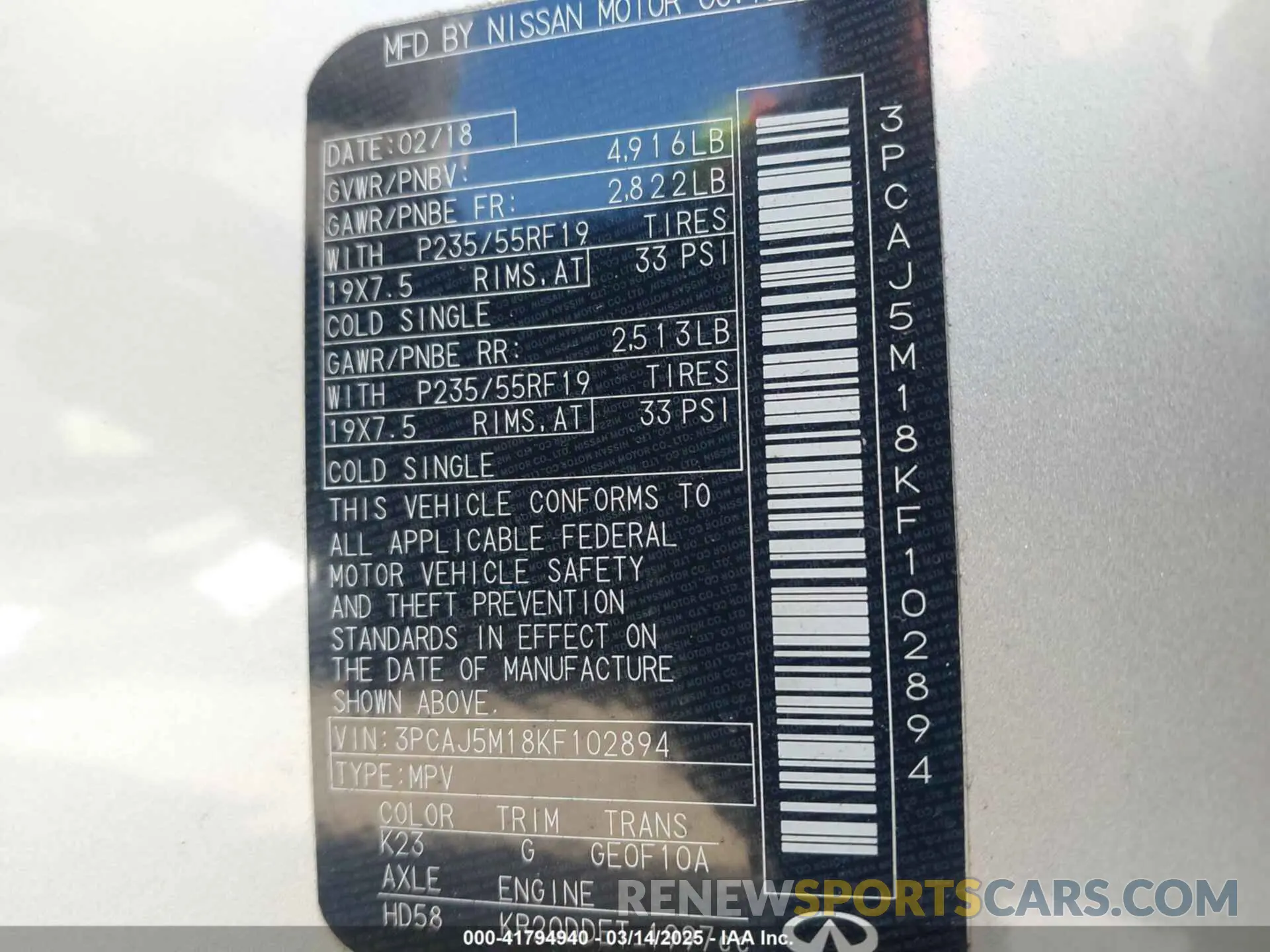 9 Фотография поврежденного автомобиля 3PCAJ5M18KF102894 INFINITI QX50 2019