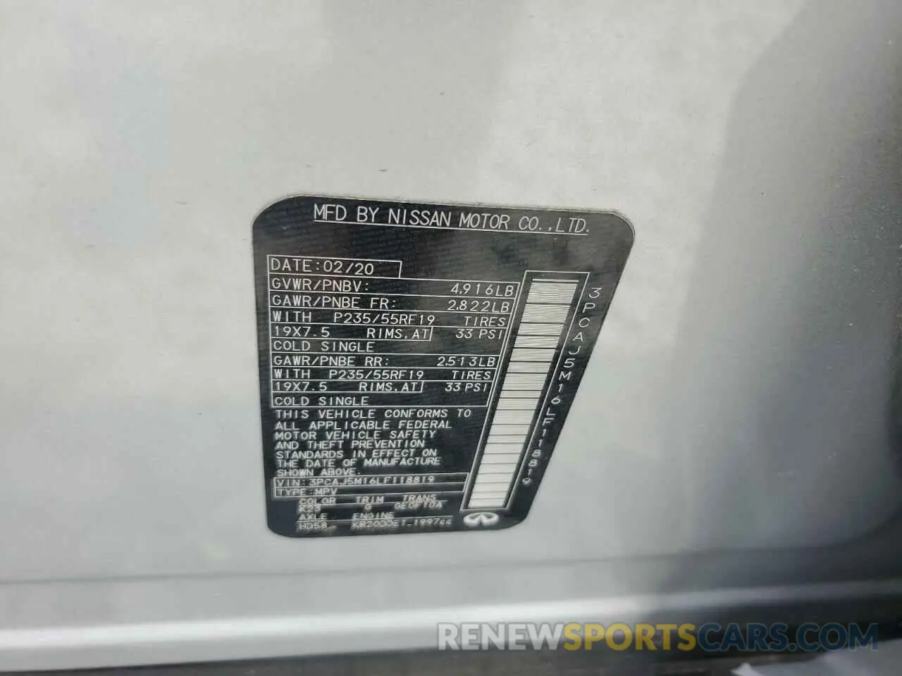 13 Photograph of a damaged car 3PCAJ5M16LF118819 INFINITI QX50 2020