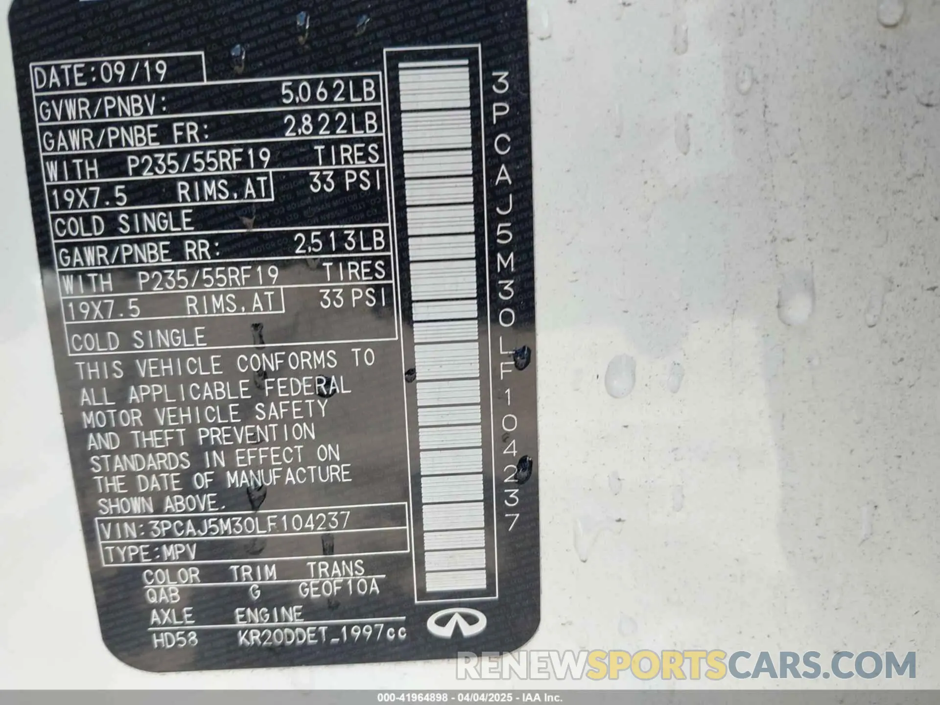 9 Фотография поврежденного автомобиля 3PCAJ5M30LF104237 INFINITI QX50 2020