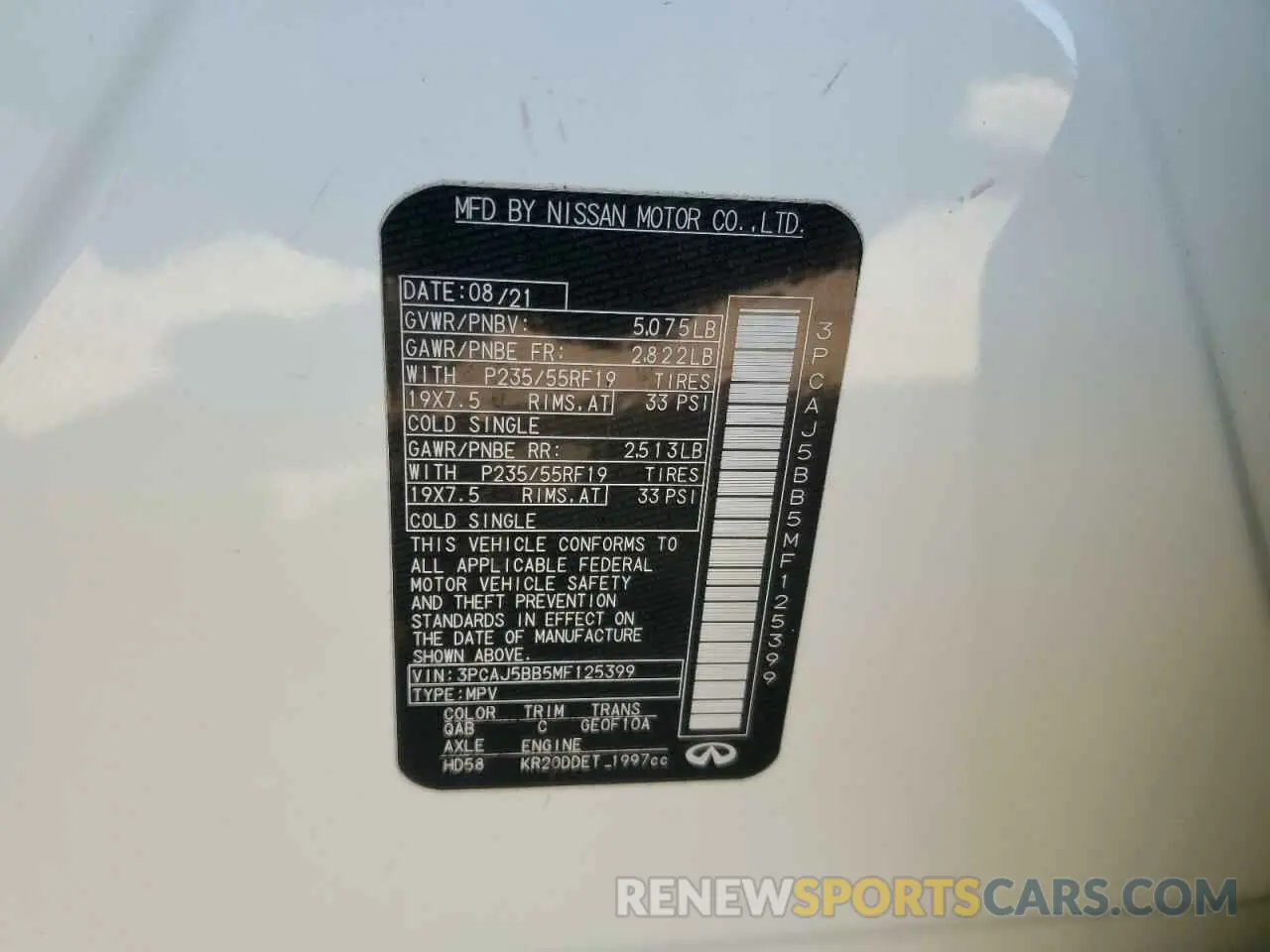 14 Photograph of a damaged car 3PCAJ5BB5MF125399 INFINITI QX50 2021