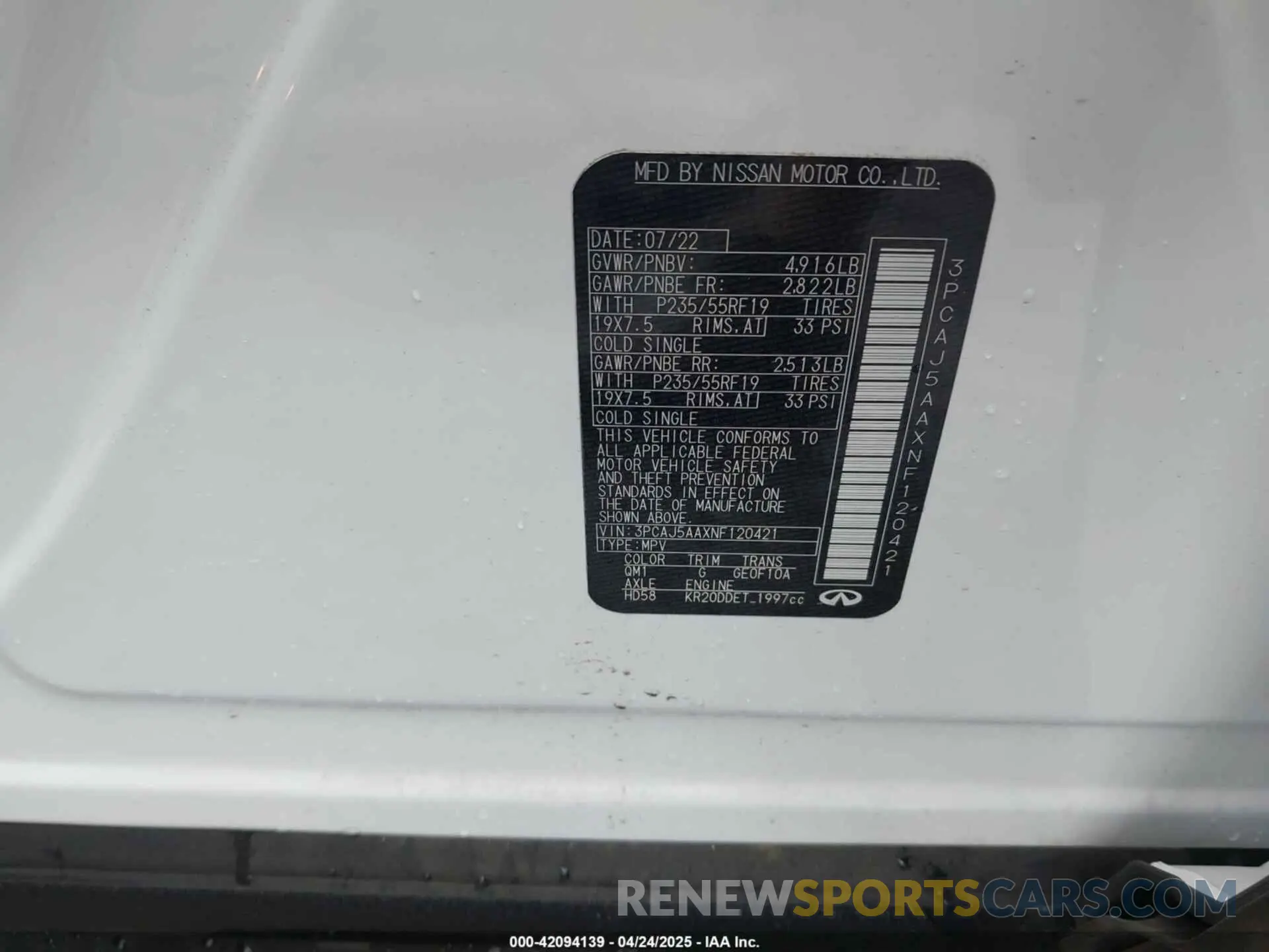 9 Фотография поврежденного автомобиля 3PCAJ5AAXNF120421 INFINITI QX50 2022