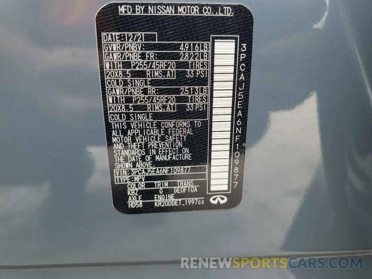 14 Photograph of a damaged car 3PCAJ5EA6NF109877 INFINITI QX50 2022