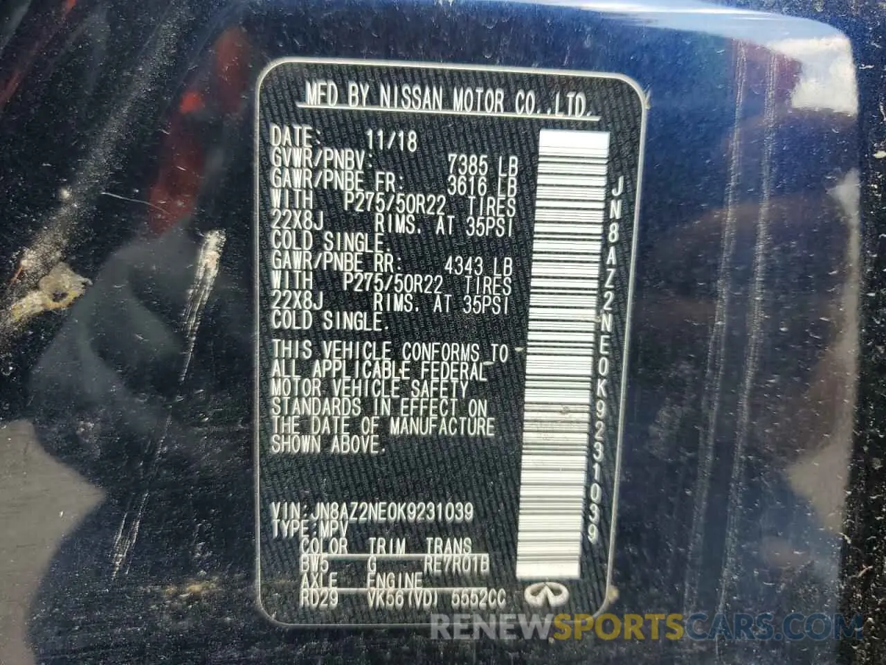 13 Photograph of a damaged car JN8AZ2NE0K9231039 INFINITI QX80 2019