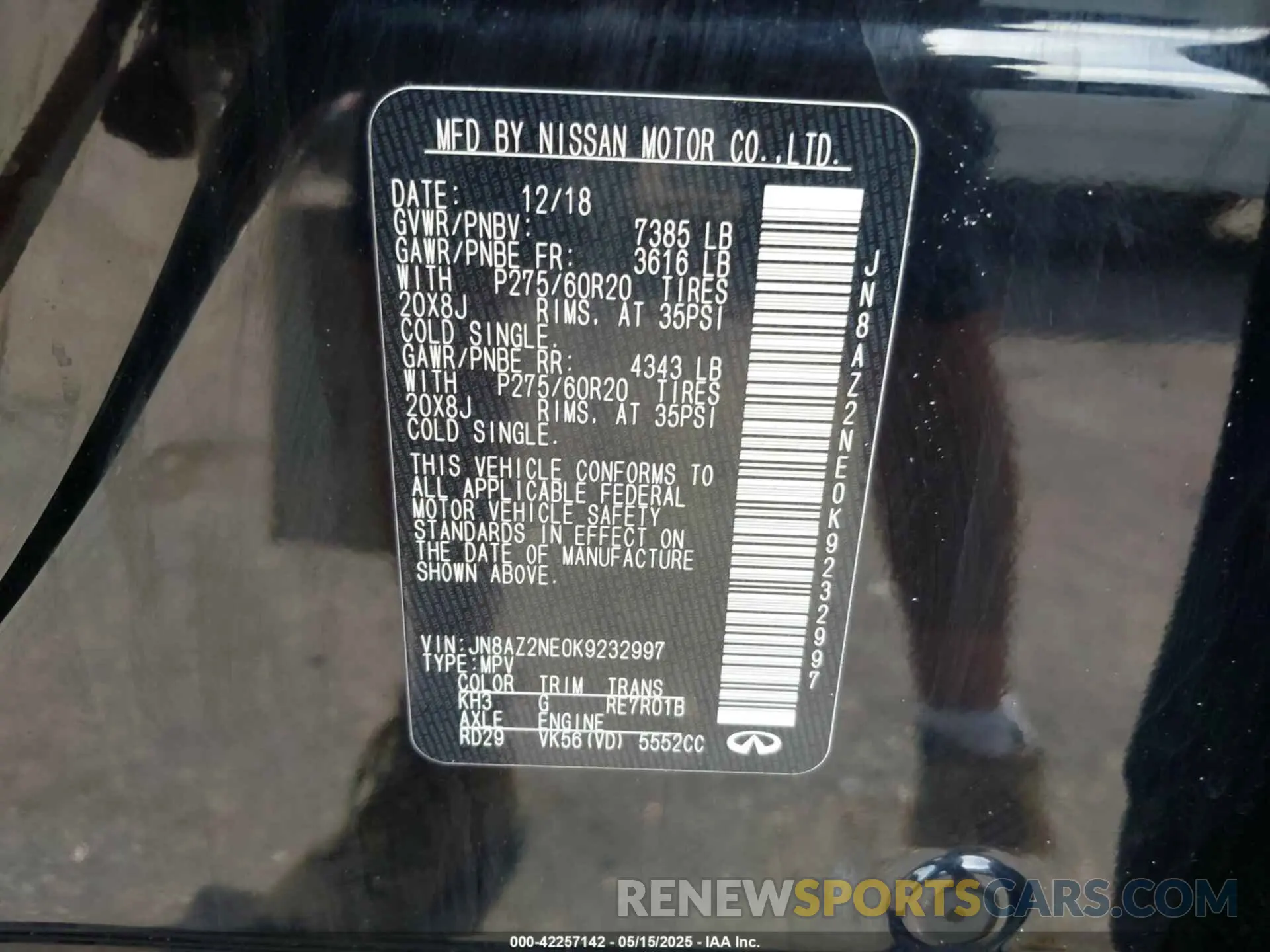9 Photograph of a damaged car JN8AZ2NE0K9232997 INFINITI QX80 2019