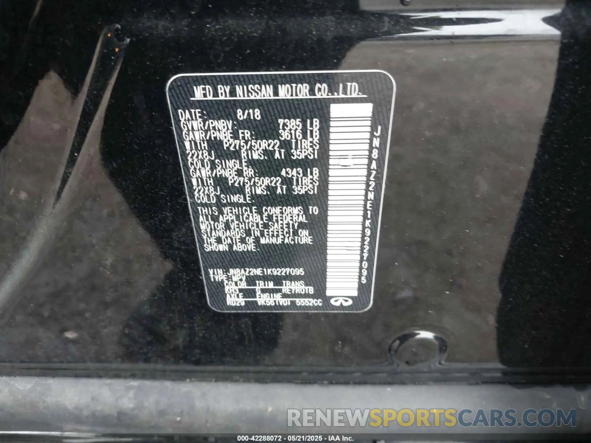 9 Photograph of a damaged car JN8AZ2NE1K9227095 INFINITI QX80 2019