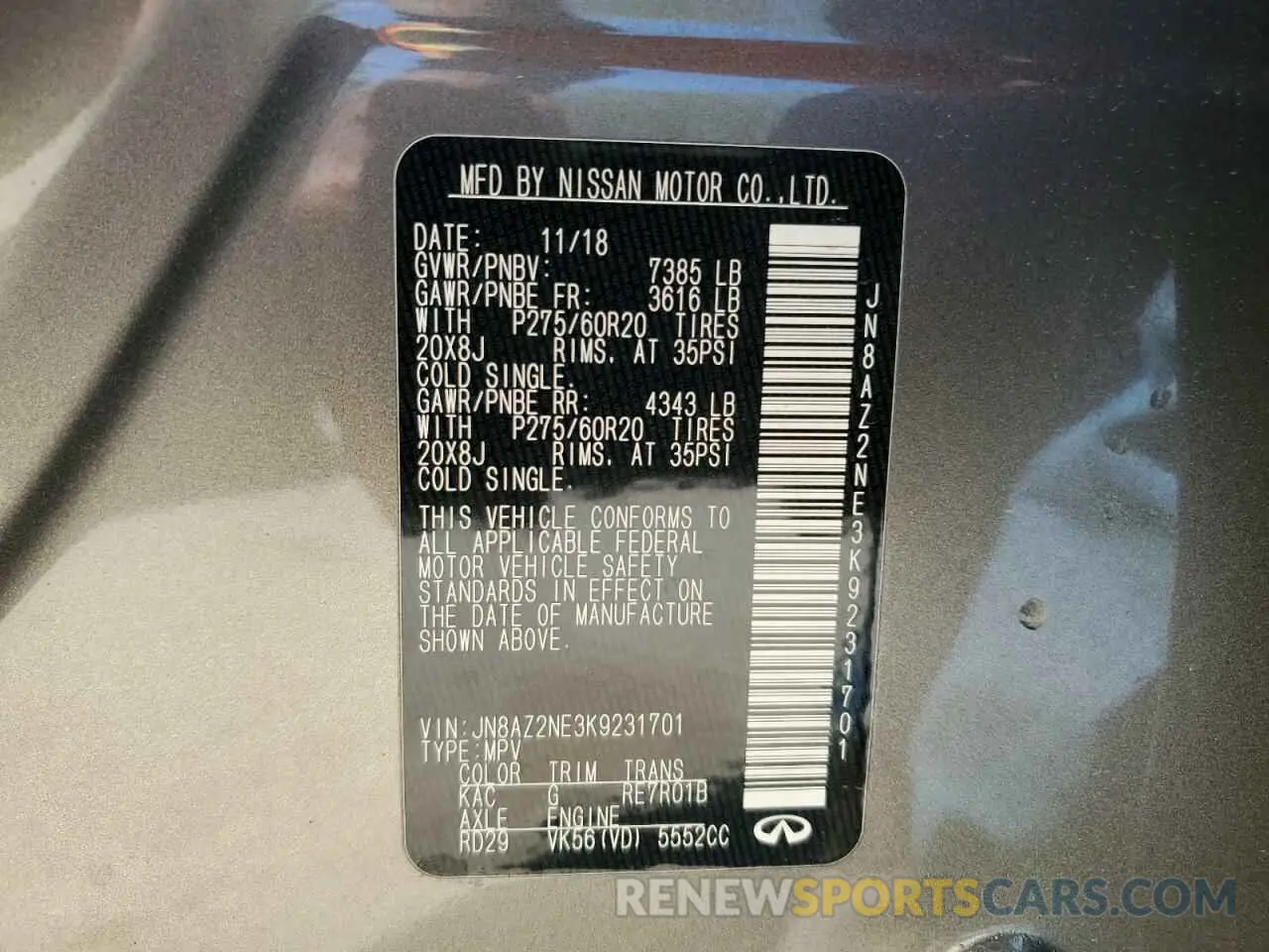 13 Photograph of a damaged car JN8AZ2NE3K9231701 INFINITI QX80 2019