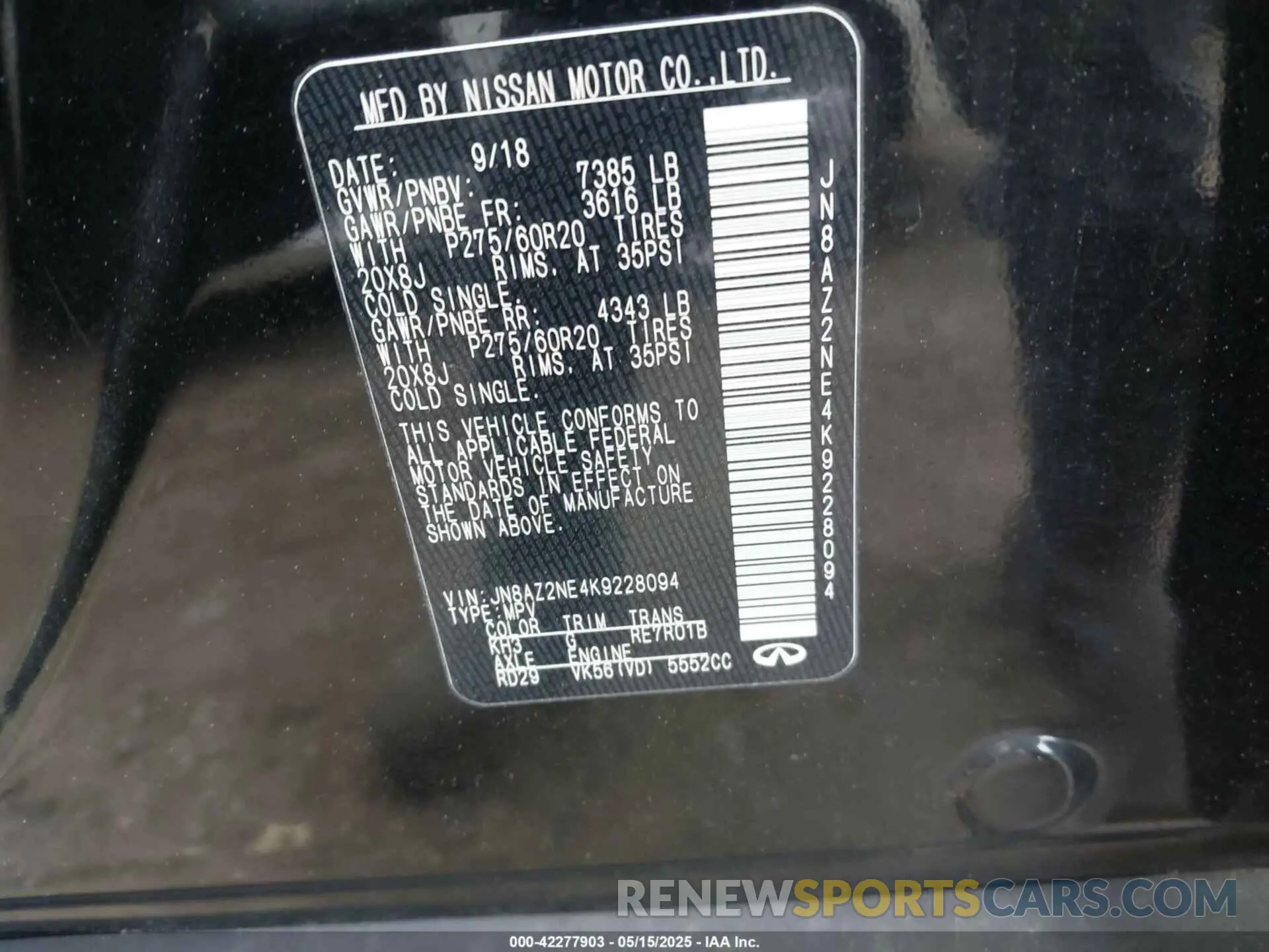 9 Photograph of a damaged car JN8AZ2NE4K9228094 INFINITI QX80 2019