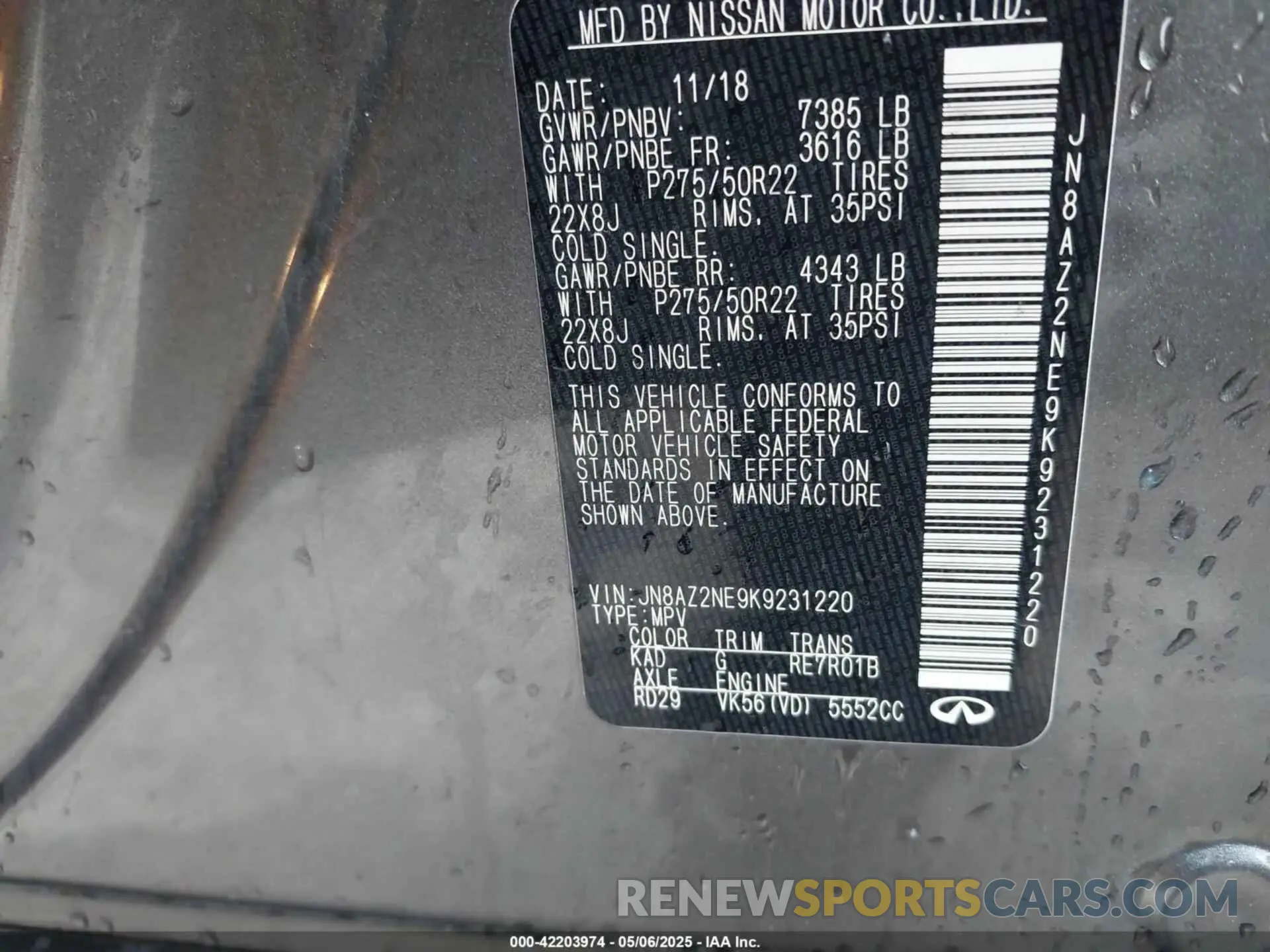 9 Photograph of a damaged car JN8AZ2NE9K9231220 INFINITI QX80 2019
