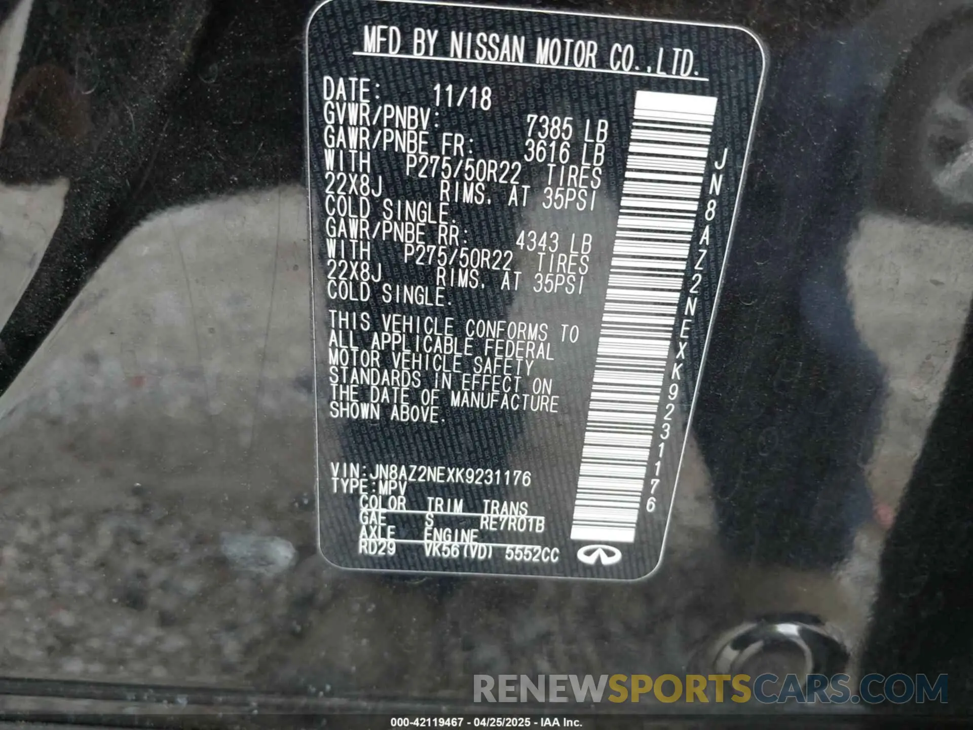 9 Photograph of a damaged car JN8AZ2NEXK9231176 INFINITI QX80 2019